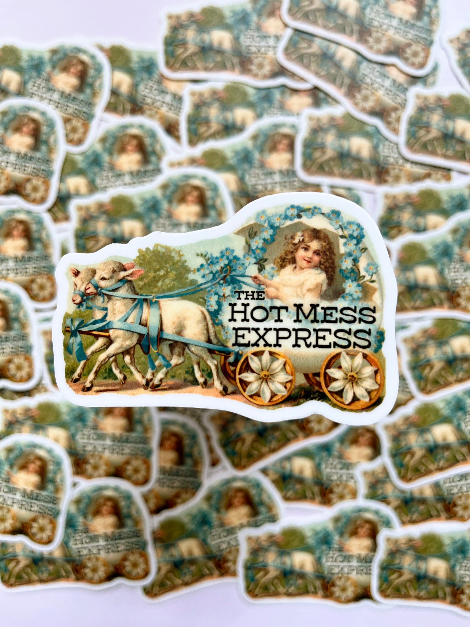funny vintage sticker the hot mess express girl riding in carriage with lambs floral blue green pretty funny stickers coin laundry montana