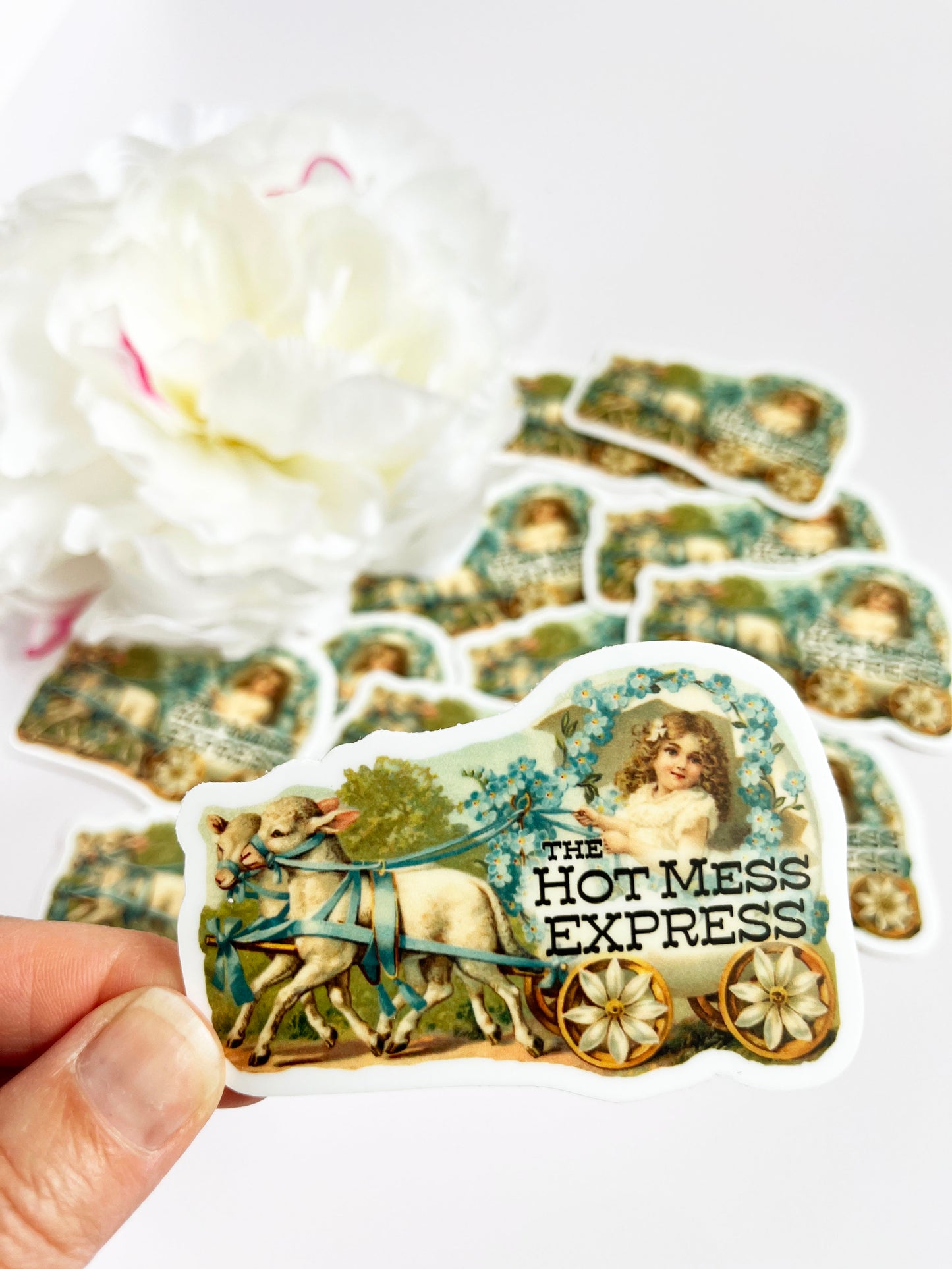 pretty sticker with vintage girl in carriage pulled by sheep flowers green blue funny hot mess express sarcastic funny stickers coin laundry montana 