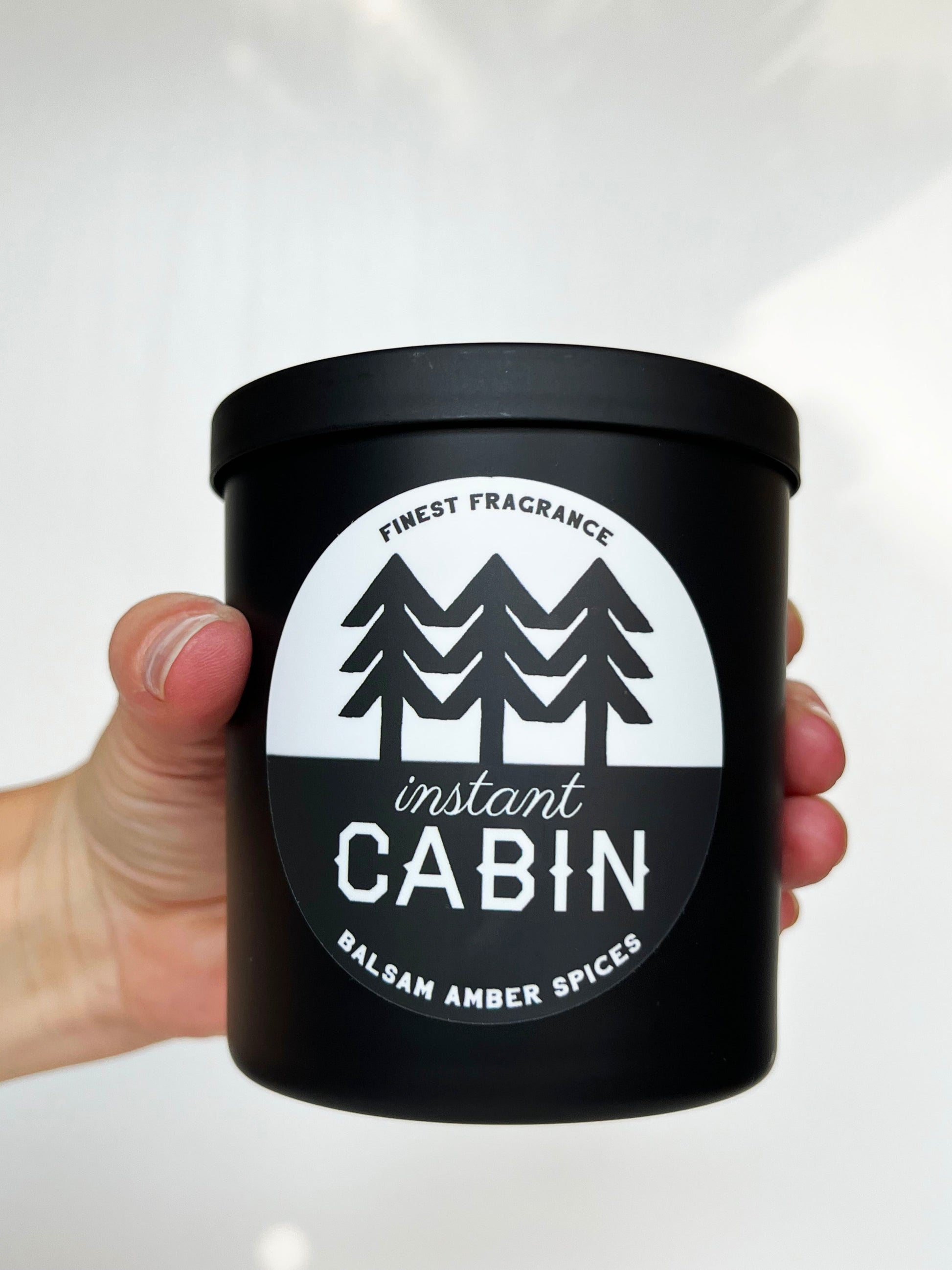 instant cabin jar candle black glass chic forest trees balsam amber spices boho modern outdoors coin laundry 
