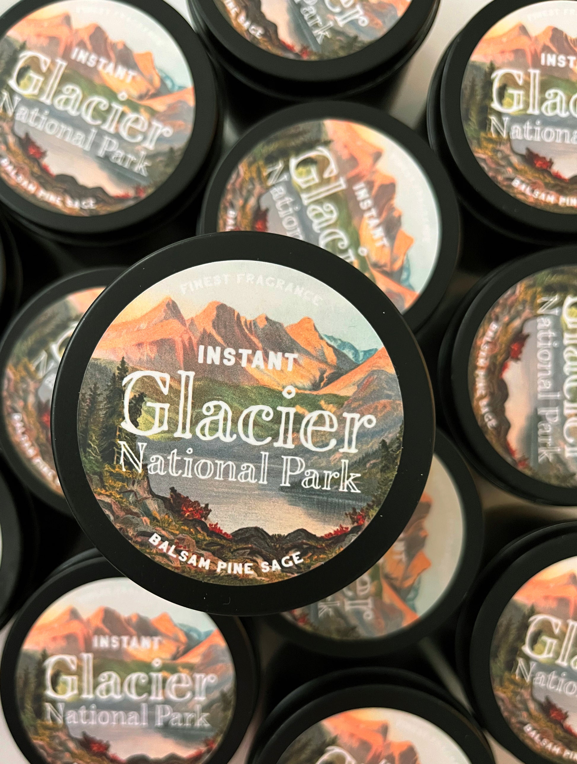 instant glacier national park candle tin nature mountains woods camping hiking montana souvenir retro vintage coin laundry western balsam pine sage scented scent