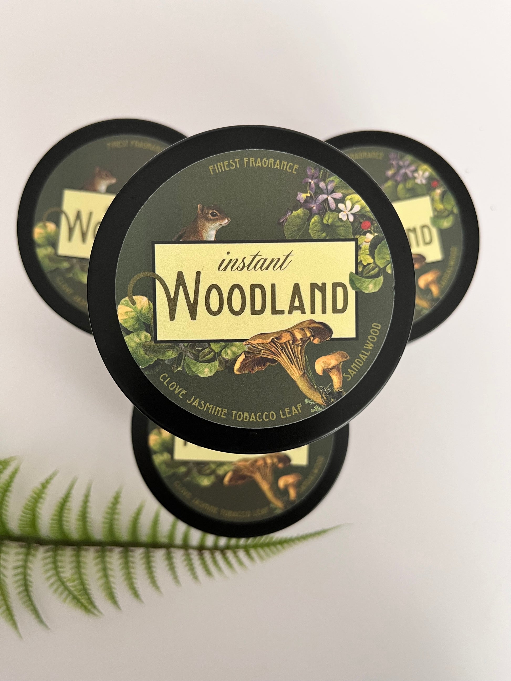 instant woodland scented candle tin black matte modern woodsy clove jasmine soy essential oils forest mushrooms animals flowers pretty nature coin laundry montana