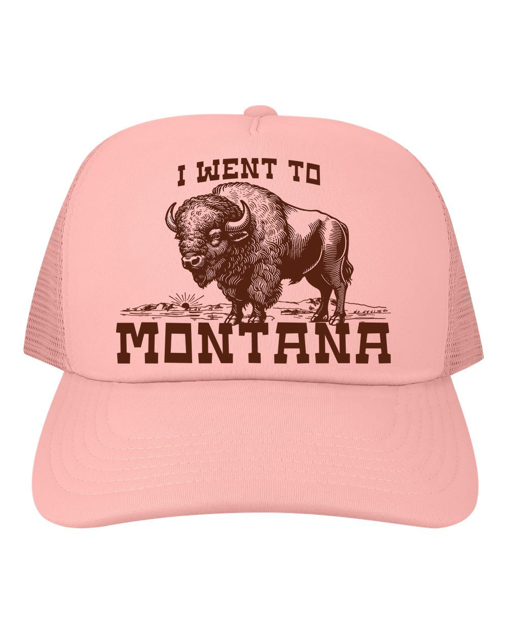 Pink trucker hat with a bison graphic and I went to montana text on a white background