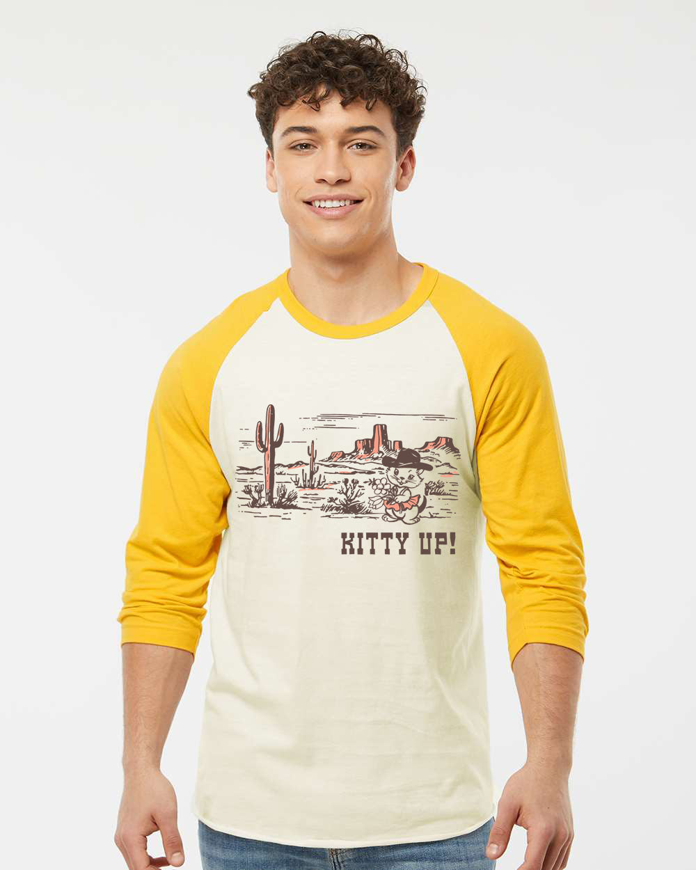 Kitty Up Baseball Tee - Cream/Yellow