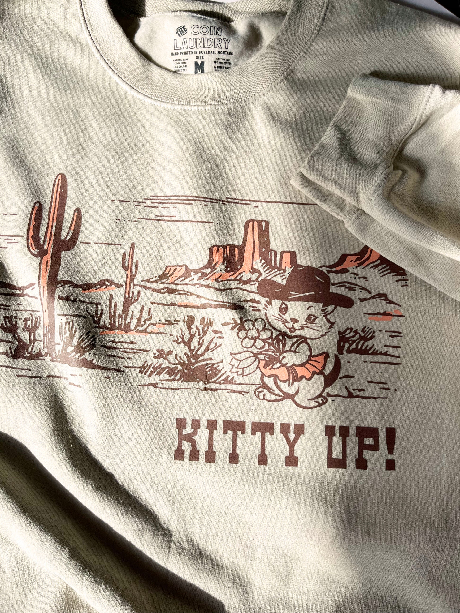 cute cat sweatshirt kitty up giddy up funny cowgirl western fashion cozy sweats coin laundry screen print kitten retro vintage style 