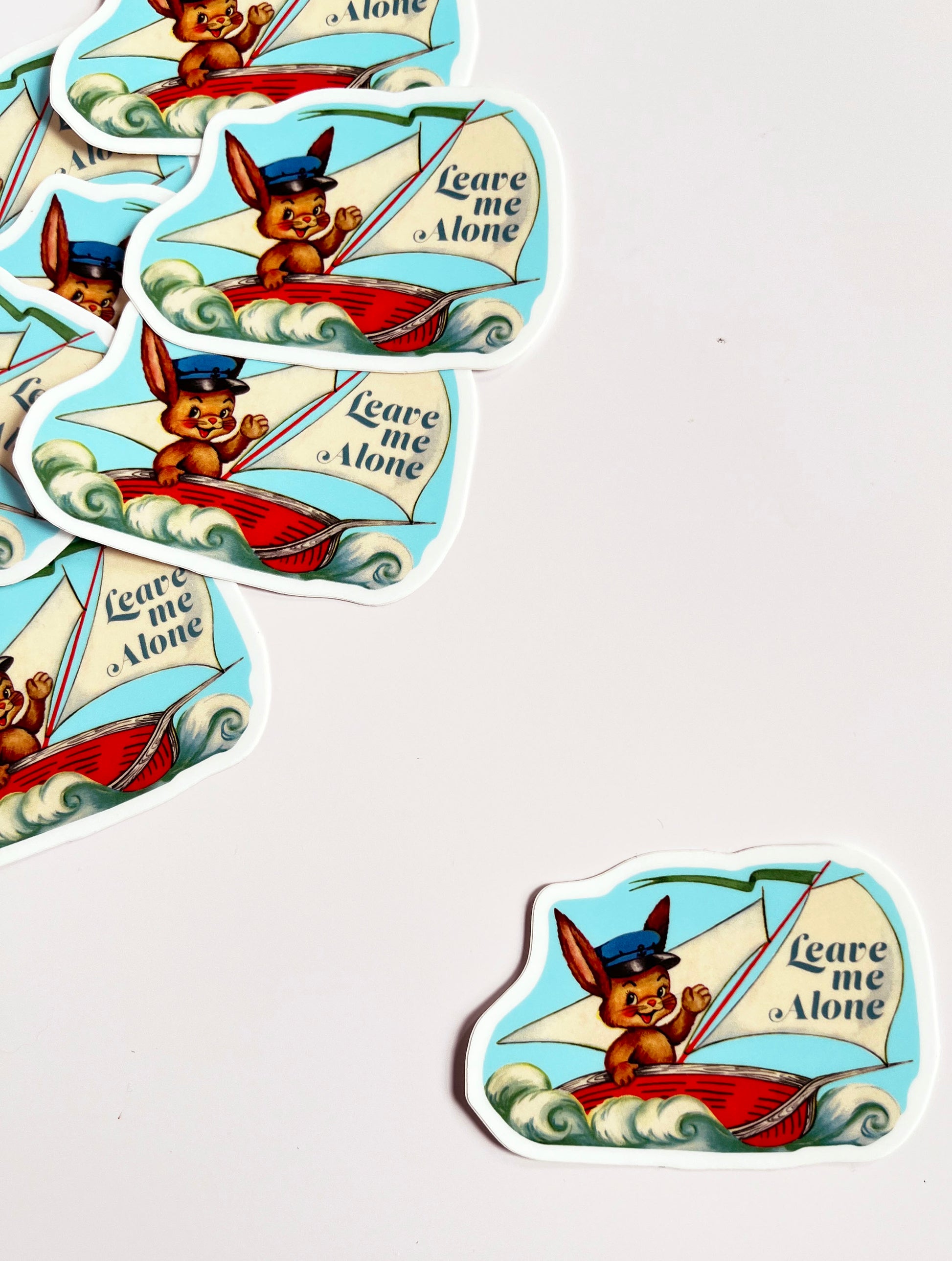 sticker bunny sailor in boat says leave me alone blue red funny snarky vintage stickers coin laundry montana