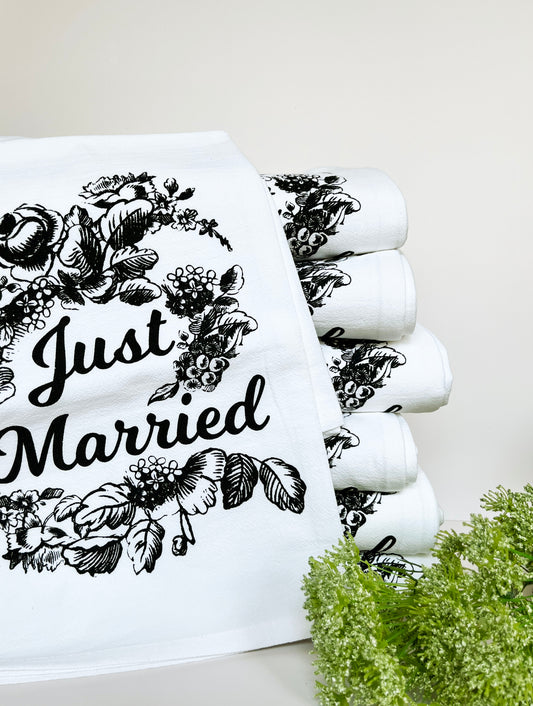 just married tea towel vintage floral design black and white screen print pretty just married home decor cotton kitchen towels coin laundry montana unique wedding gifts