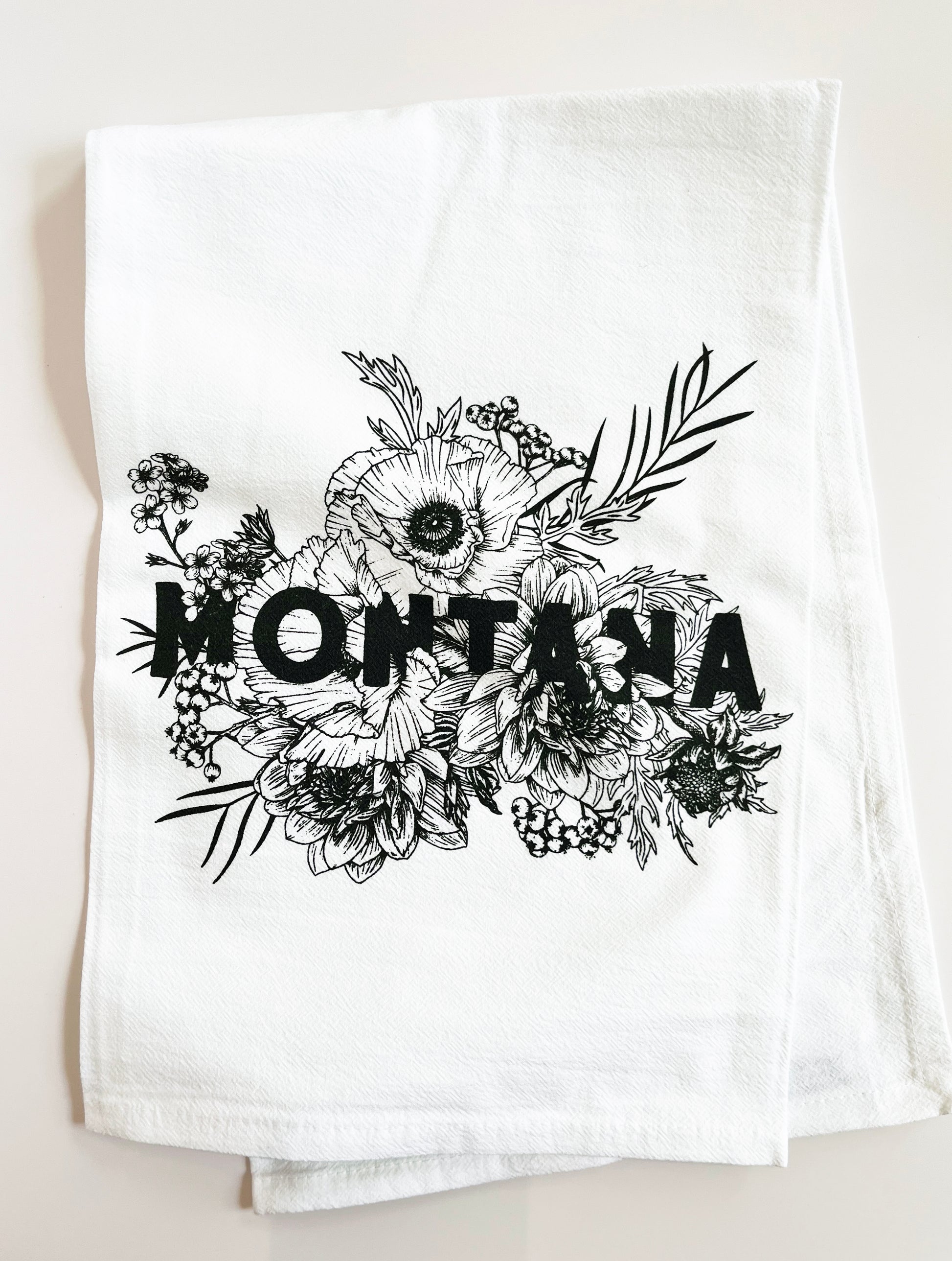 pretty montana flowers screen printed on cotton kitchen towel vintage style home decor black and white montana dish towel coin laundry pretty home decor towels 