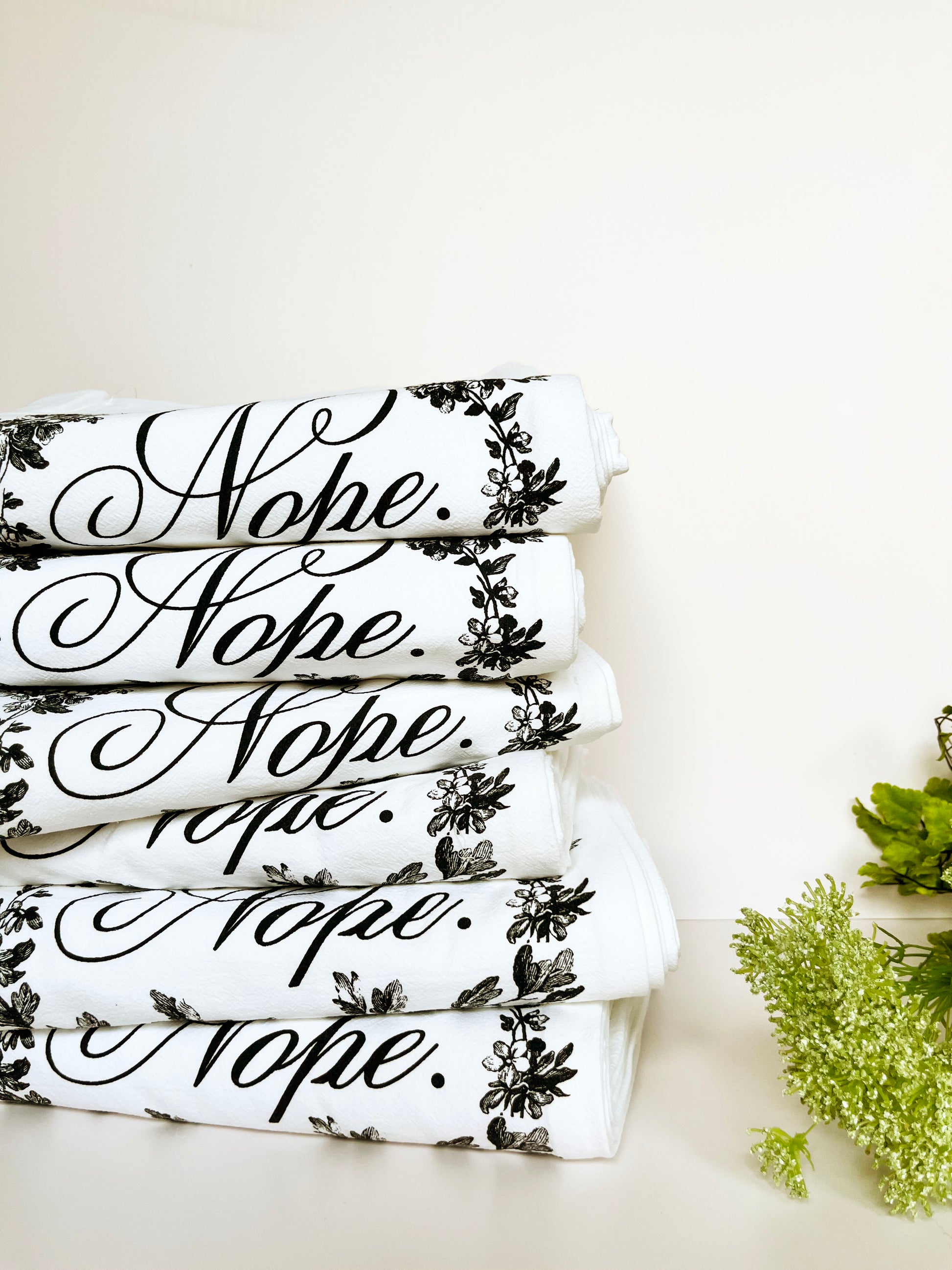 nope funny kitchen towel dish tea bar towel cotton reusable cloth coin laundry screen print printed flowers floral wreath vintage style decor kitsch fun