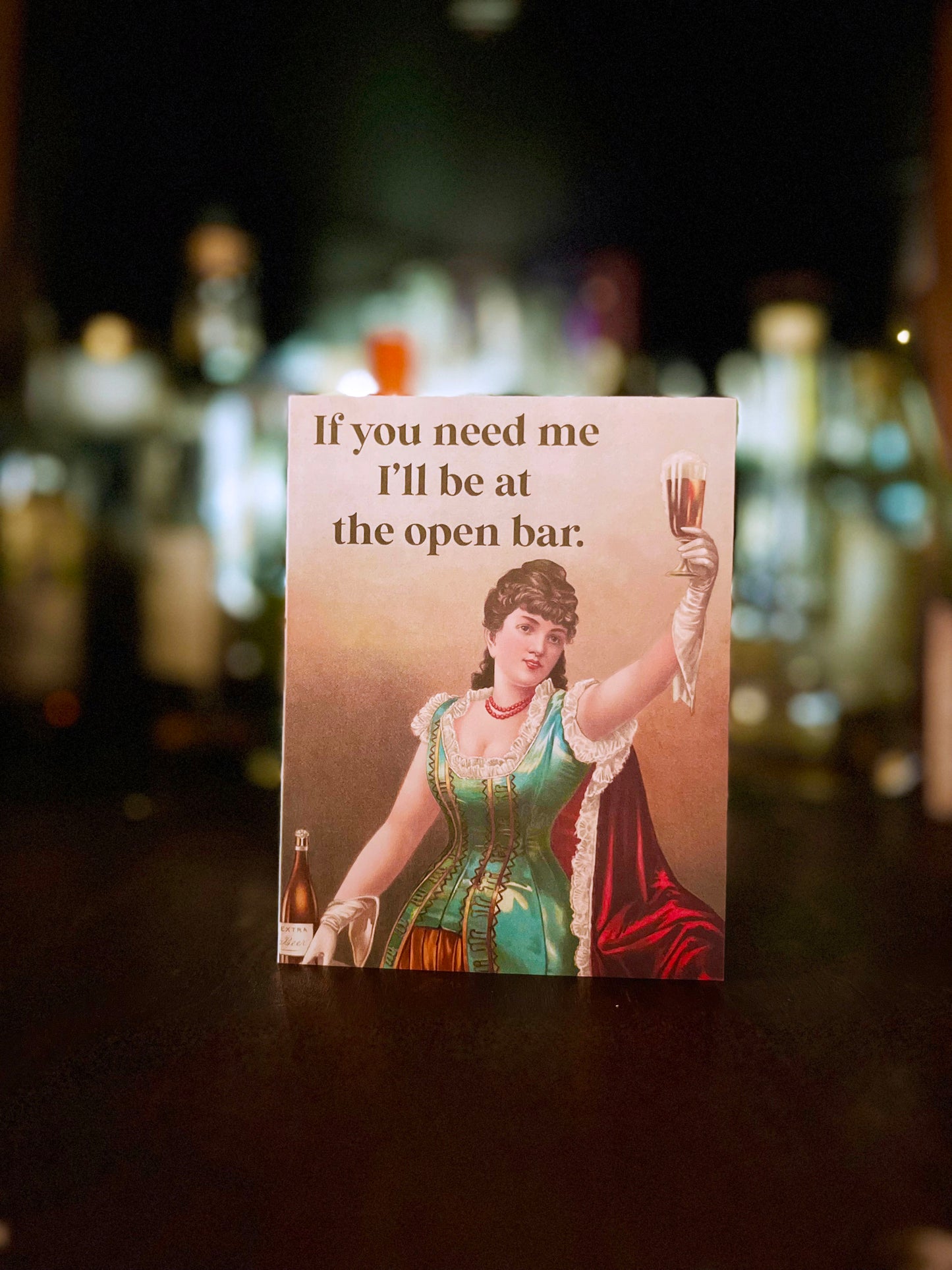 If you need me i'll be at the open bar funny wedding graduation celebration card cute retirement cards vintage style woman with cocktail at bar happy hour fun cards coin laundry montana