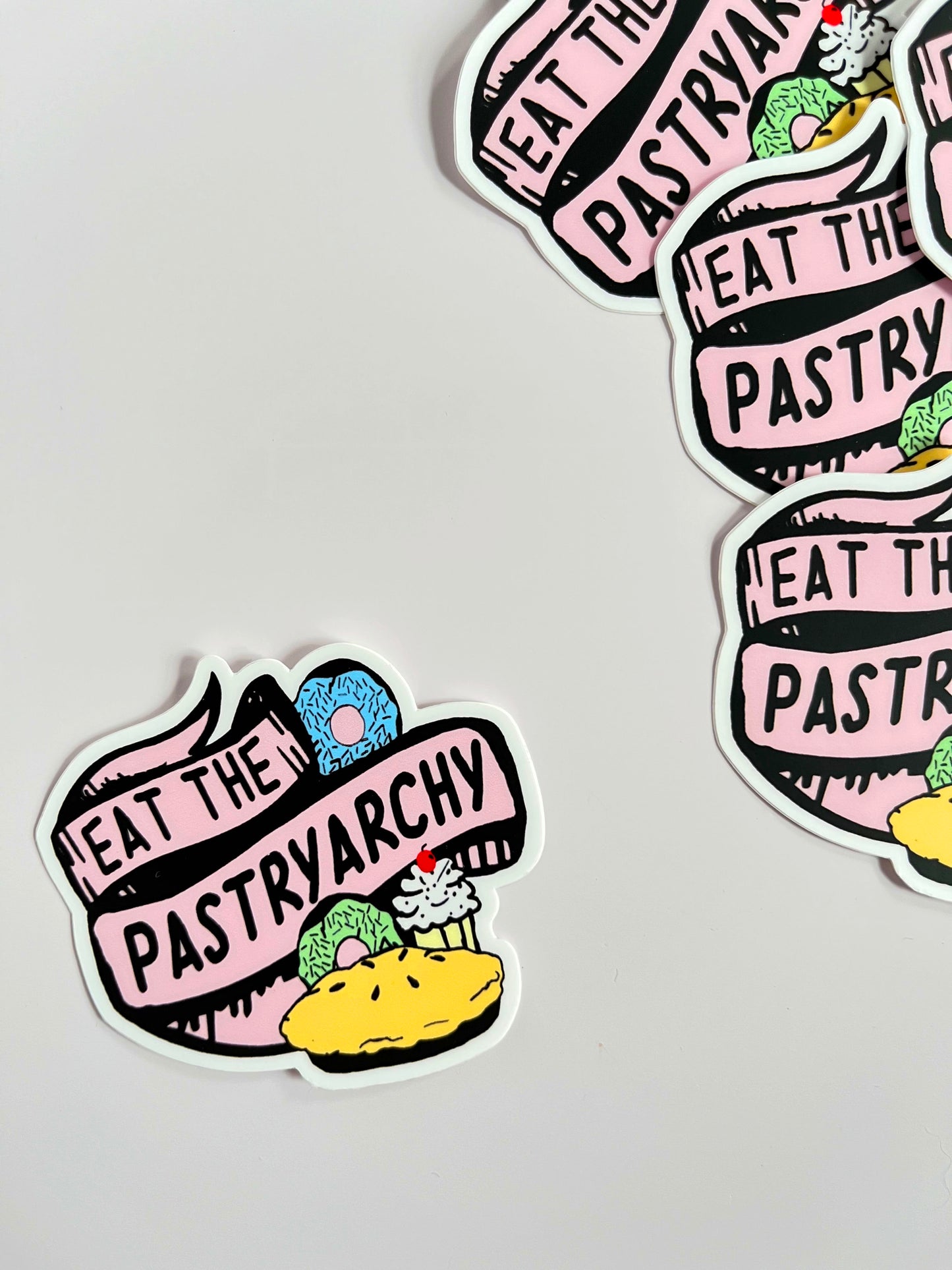 sticker eat the pastryarchy feminist humor down with the patriarchy pie donuts cupcakes fun decal funny stickers coin laundry pink pastry