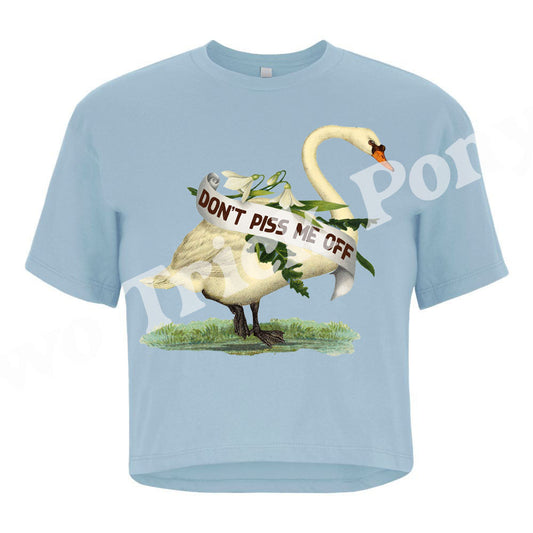A light blue short-sleeve t-shirt featuring a graphic print of a swan holding a banner that reads 'DON'T PISSE ME OFF' with a frog sitting on its back, set against a plain white background.