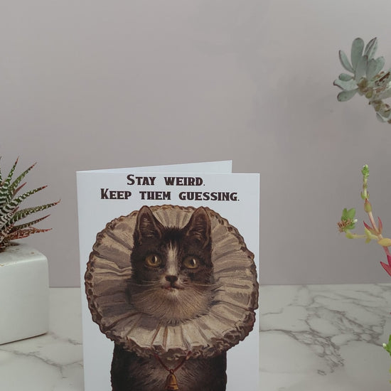 All purpose greeting card featuring a vintage brown and white cat with a frilly victorian collar and bell around it's neck. Greeting says, "Stay Weird. Keep Them Guessing." Great for any occasion, birthday, congratulations, to give to your crush, or your best friend. Blank inside.  