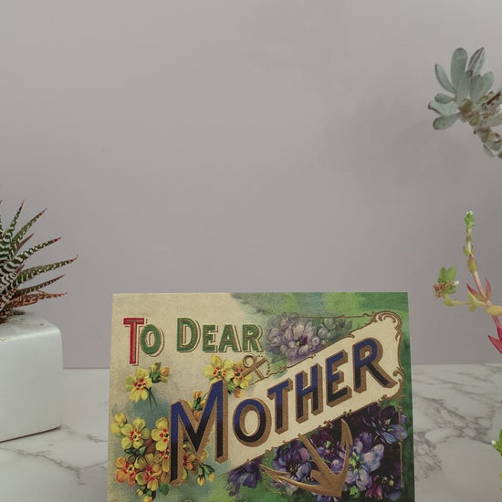 Greeting card with green and yellow background and yellow and purple flowers. Greeting says, "To Dear Mother. Sorry I was such an asshole." Blank inside.