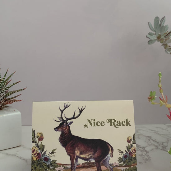 Greeting card featuring a vintage buck deer in an outdoor scene with flowers. Color pallet is vintage yellows, browns, blues, and pinks. Front of card greeting says, "Nick Rack." Great card for any occasion. Send to your crush, your best friend, birthdays, just because. Blank inside. 