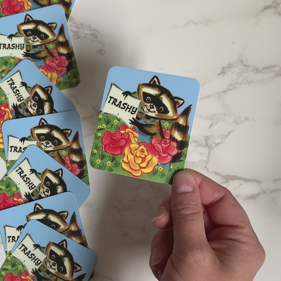 adorable trashy raccoon trash panda sticker cute funny vintage drawing flowers grass sky overalls joke fancy friend coin laundry stickers montana