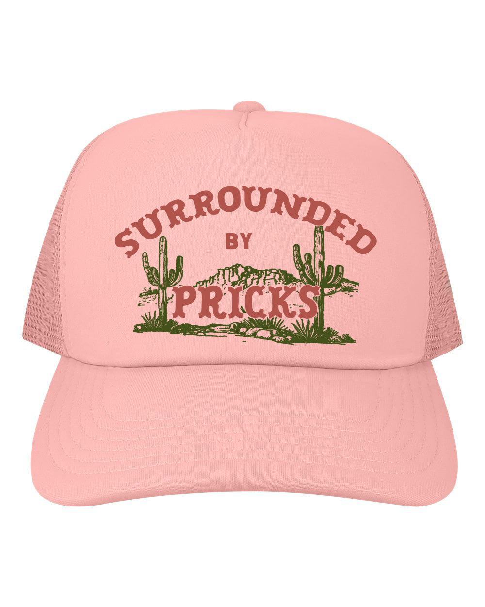 Pink cap with surrounded by pricks cactus design and text on a white background