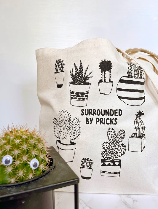 funny cotton canvass durable tote bag surrounded by pricks snarky joke cactus desert house plant garden succulent coin laundry montana screen print