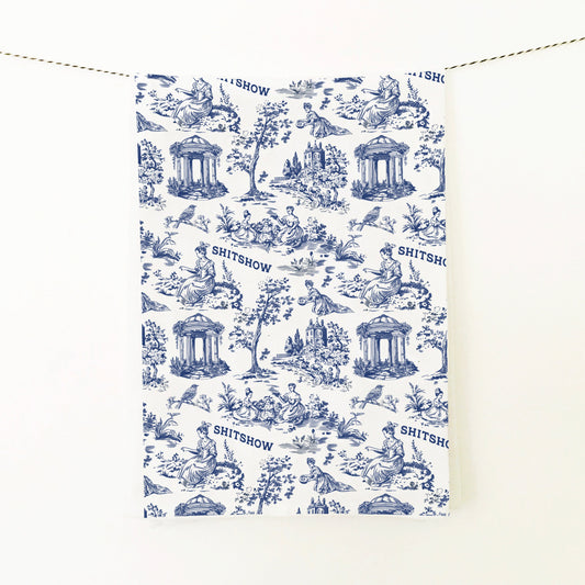 Kitchen Towel with blue classical design and text on a white background
