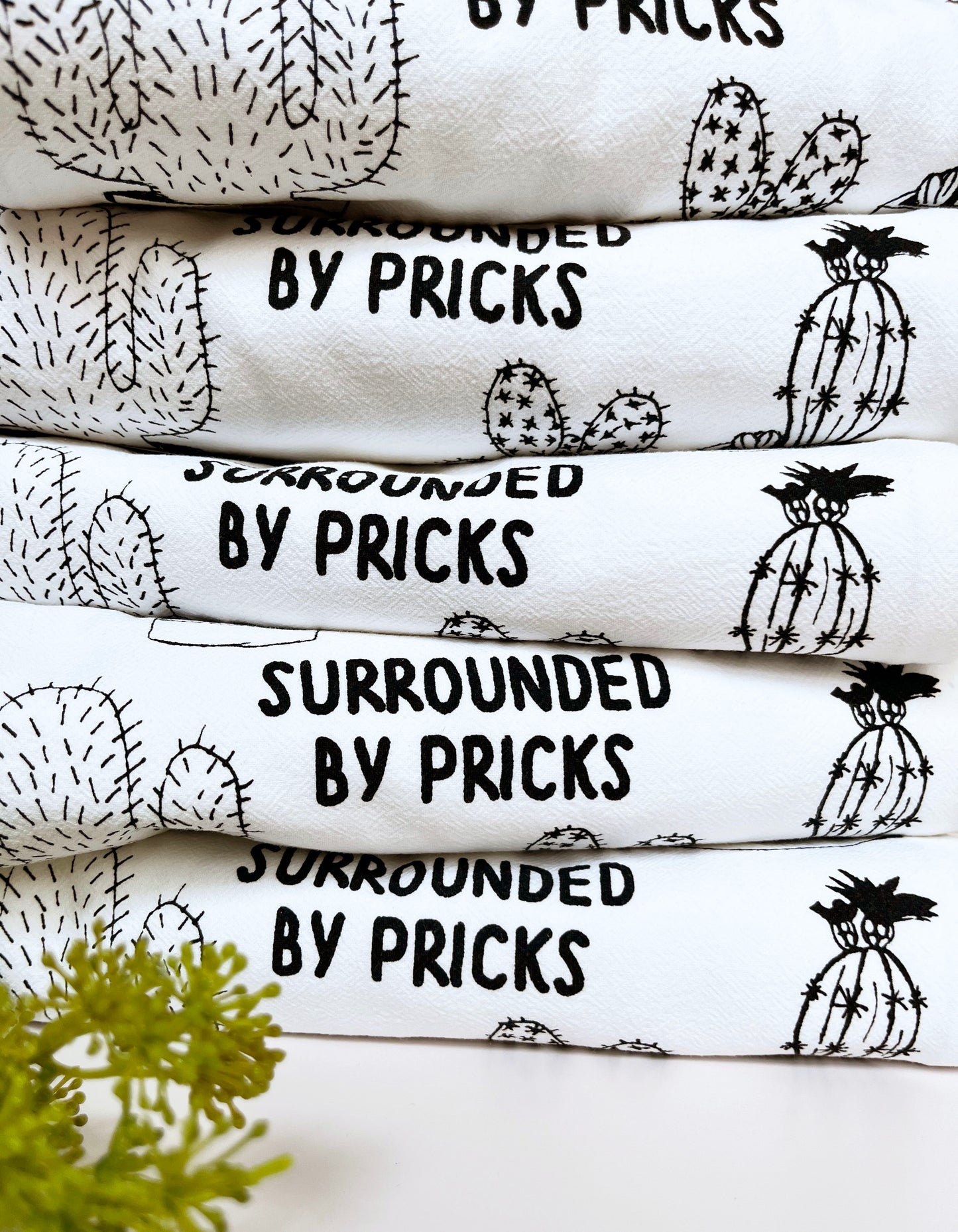 surrounded by pricks funny cactus kitchen towel kitsch cute desert fun coin laundry tea towel dish succulent plants garden plant lady screen print