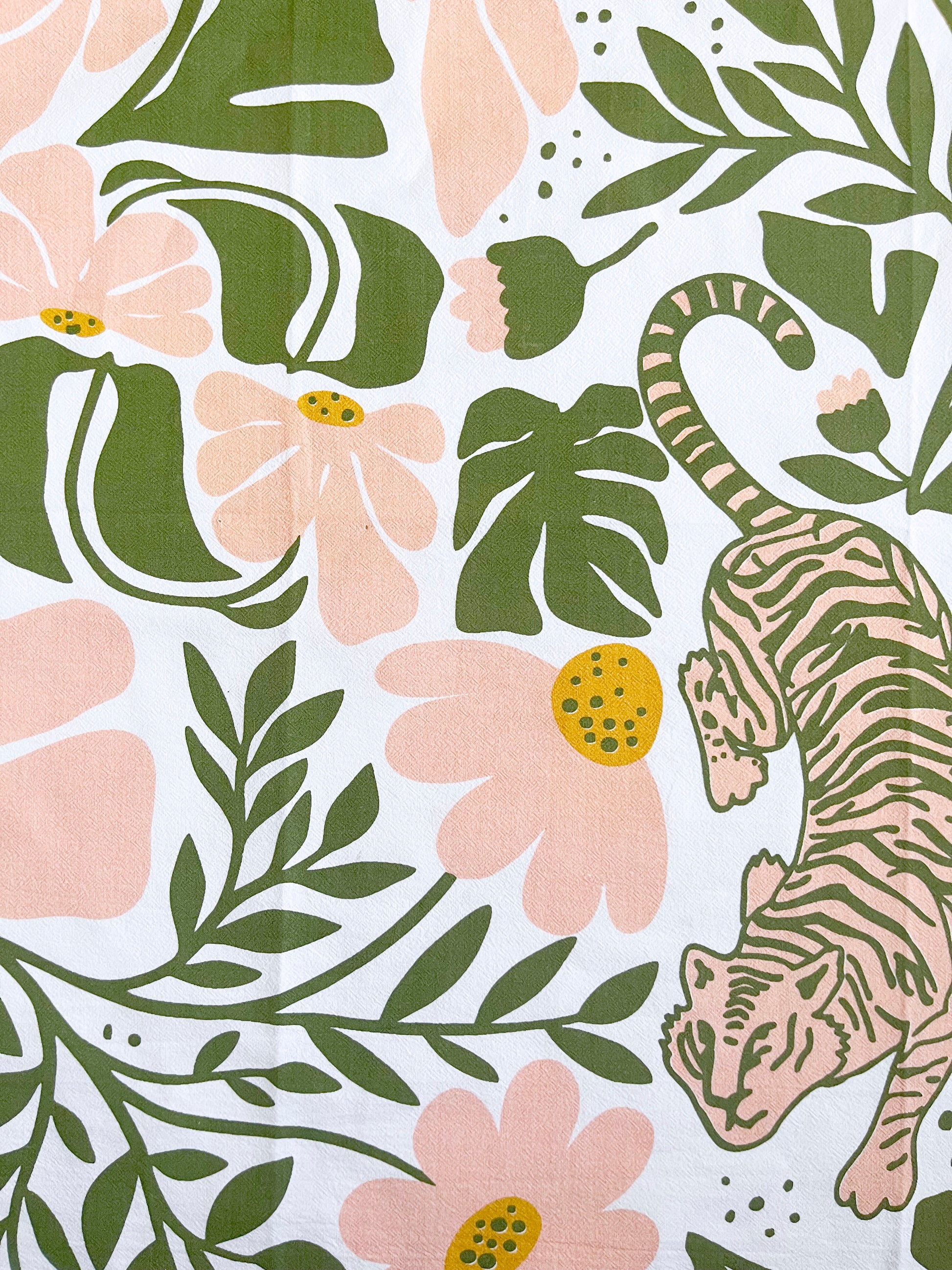 Modern tiger floral kitchen towel pink daisy mustard yellow green flowers maximalist home design cute kitchen dish towel gift for cat mom cat lover home gift housewarming wedding gift
