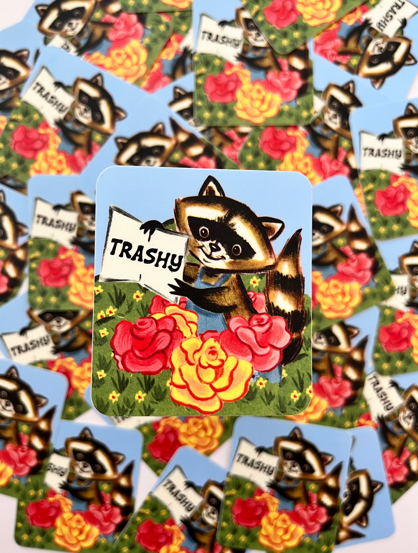 funny sticker with a raccoon holding a sign that says trashy cute trashy raccoon with flowers vintage style fun coin laundry stickers montana 