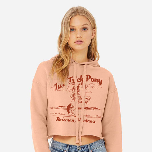 Woman wearing a cropped pink hoodie with cowgirl graphic design and two trick pony  text, standing against a plain background