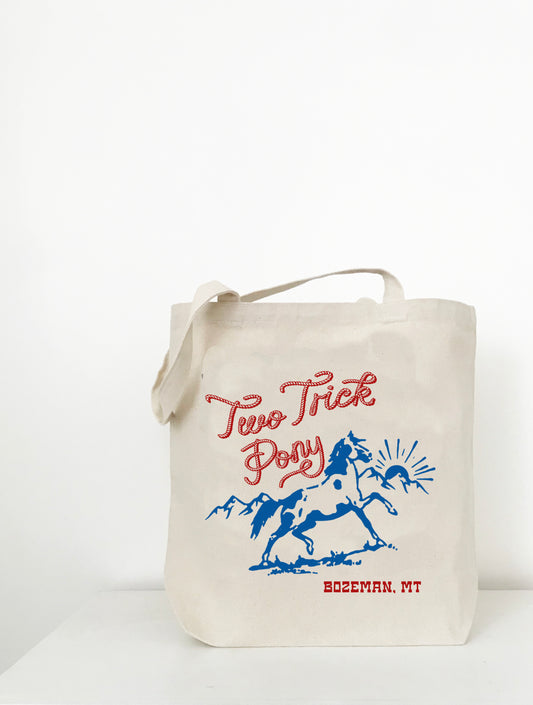 Two Trick Pony Blue Red Horse Canvas Tote Bag