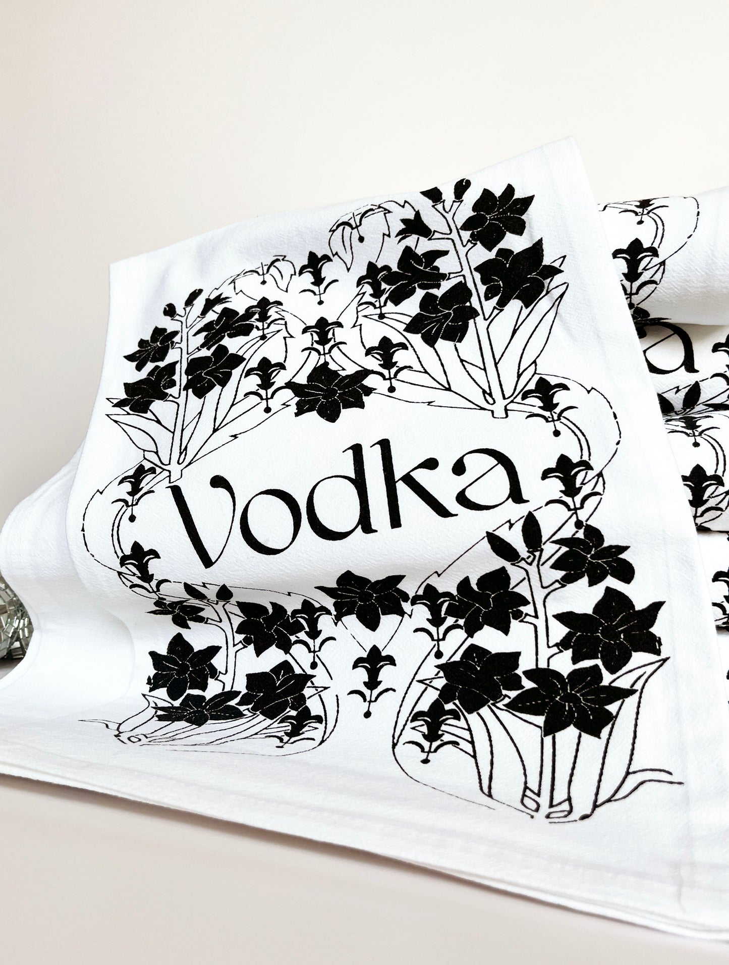 modern classic home bar towels liquor theme vodka with vintage flower pattern black and white 1920s 20s 1930s 30s housewarming gift host gift coin laundry montana screen printed cotton kitchen towels