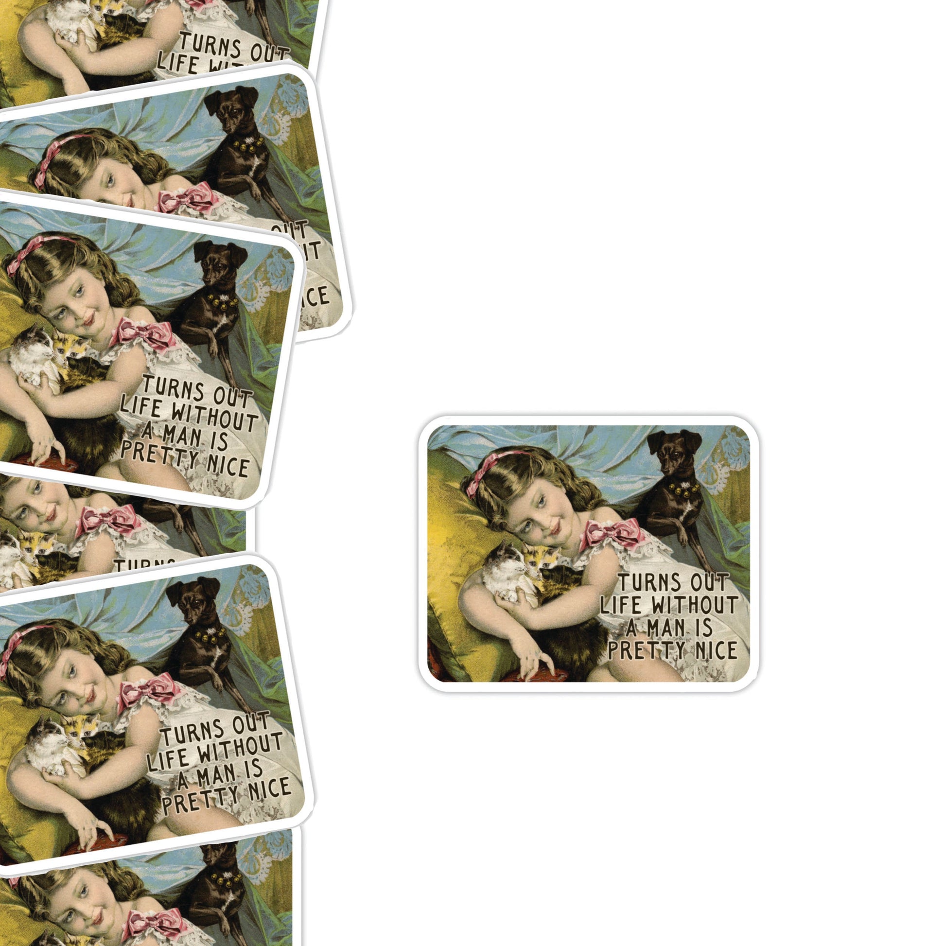 without a man funny sticker girl with cats and dog smiling sticker