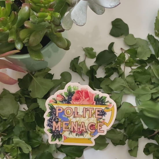 polite menace sticker with vintage tea cup flowers pink yellow green funny decal funny polite menace sticker from our flag means death coin laundry montana  