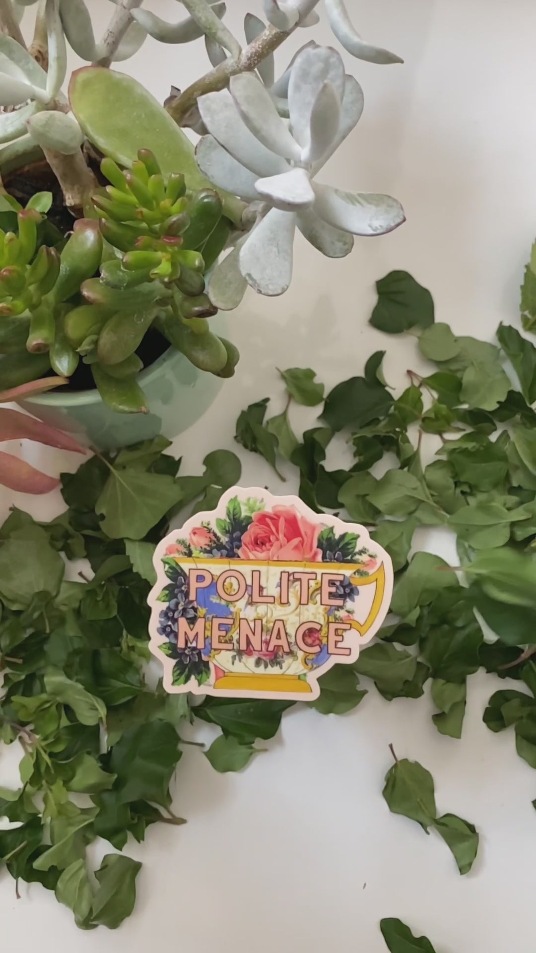 polite menace sticker with vintage tea cup flowers pink yellow green funny decal funny polite menace sticker from our flag means death coin laundry montana  