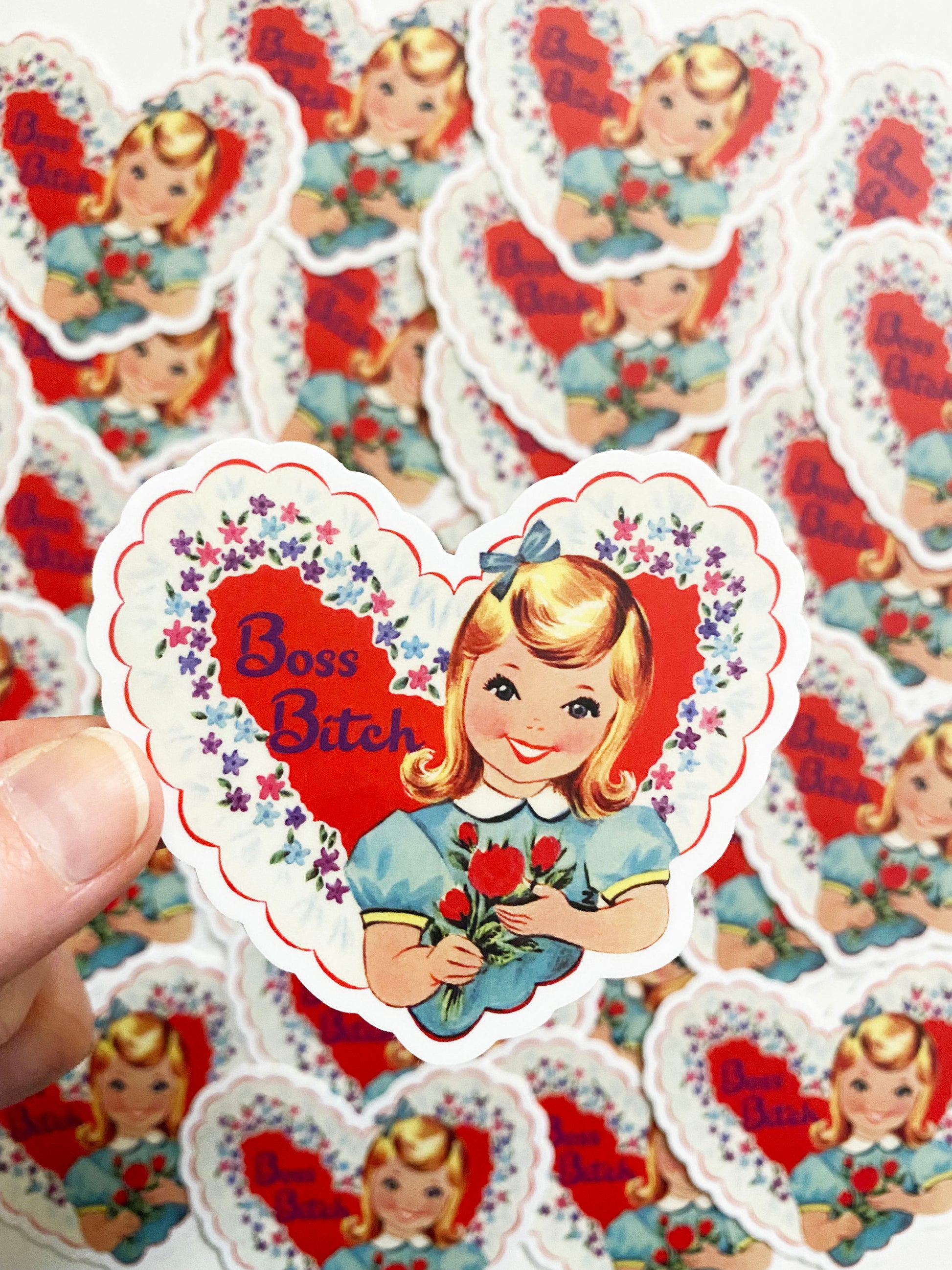 funny vintage valentine style sticker red heart purple pink flowers cute retro style girl smiling with funny text boss bitch coin laundry fun sticker