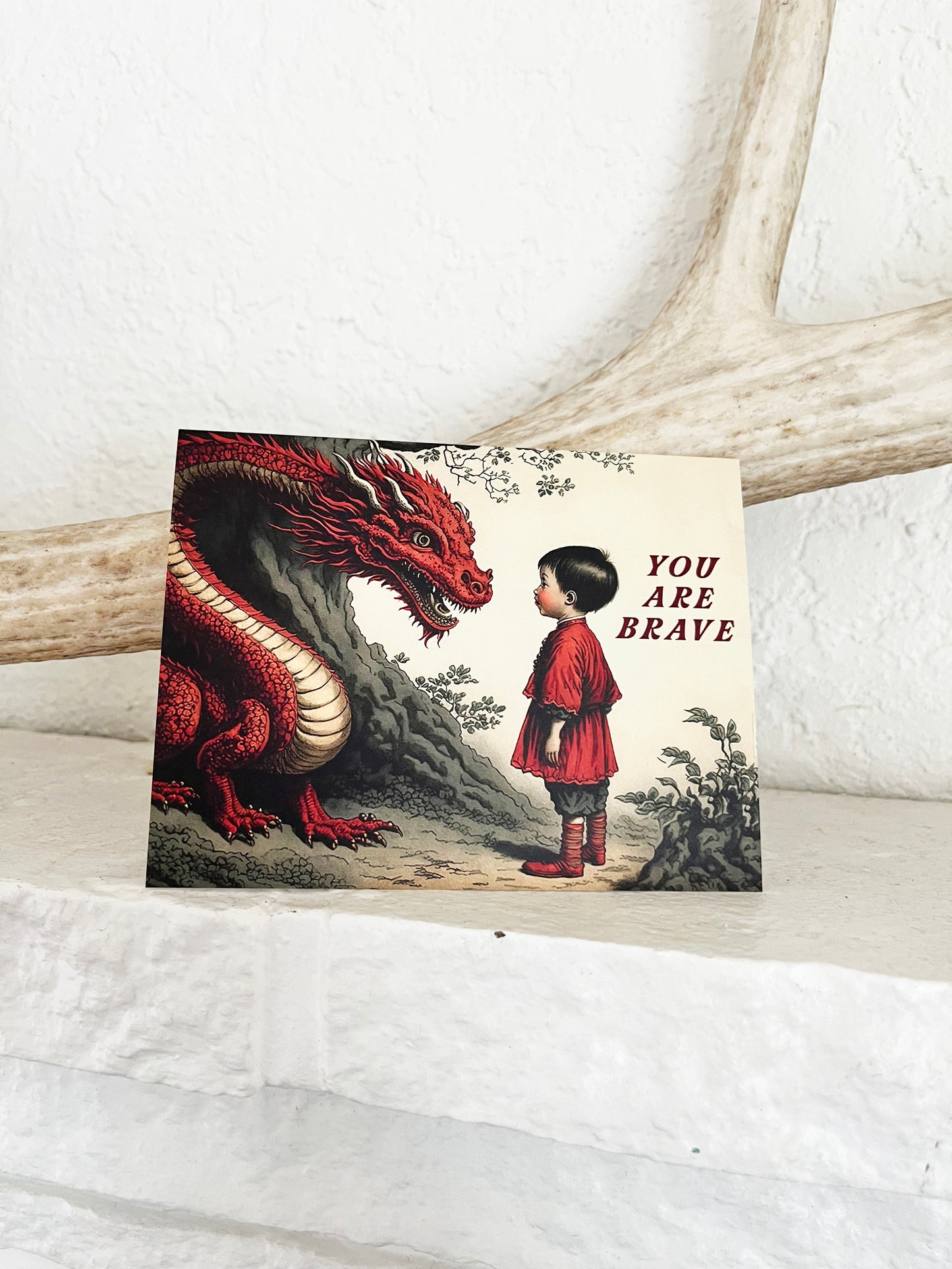 child boy girl facing dragon red with forest asian cute card sympathy get well loss you are brave card coin laundry 