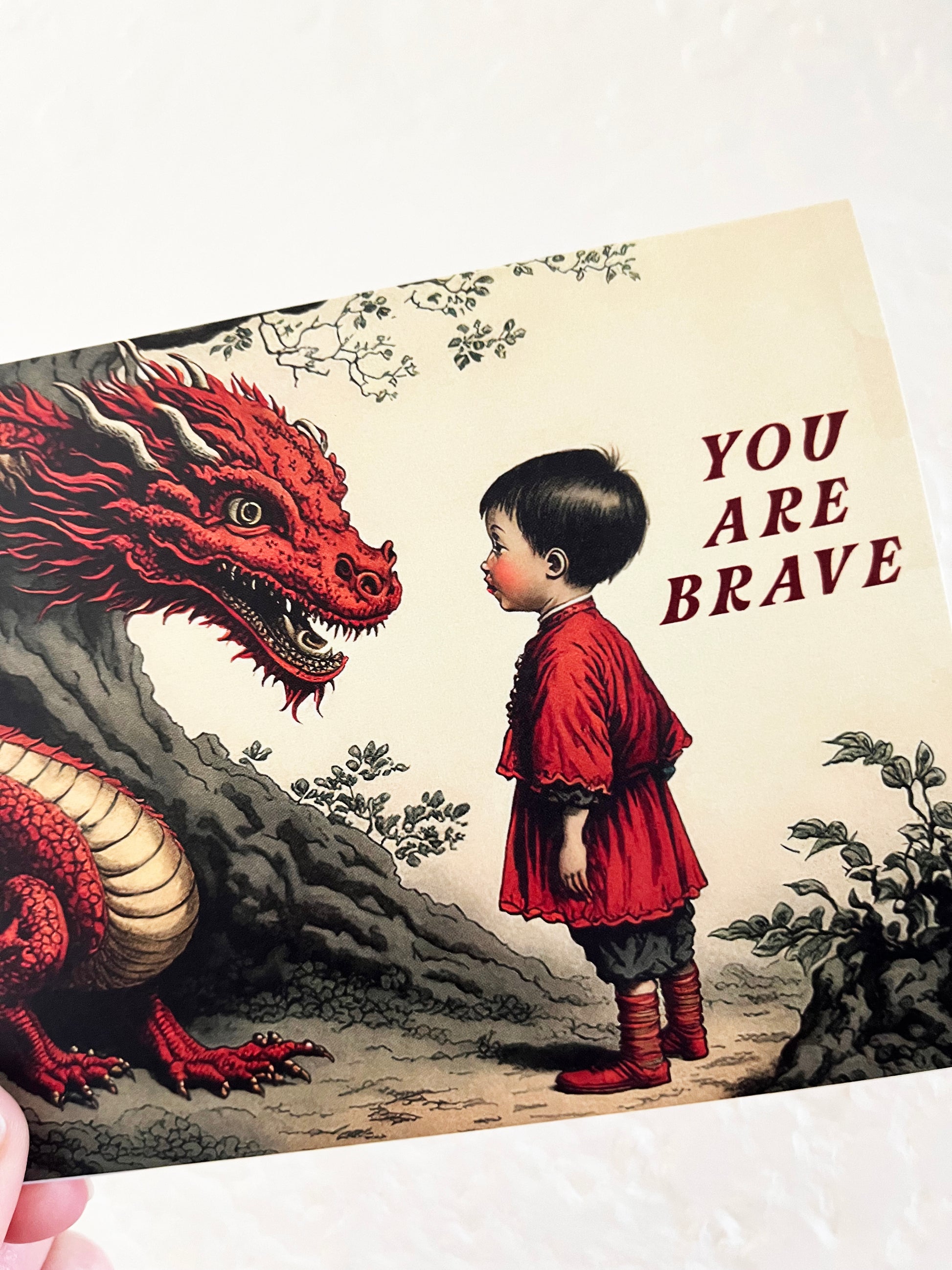 pretty retro vintage style red dragon with child woodland get well sympathy cute sweet You are brave cards coin laundry greeting card