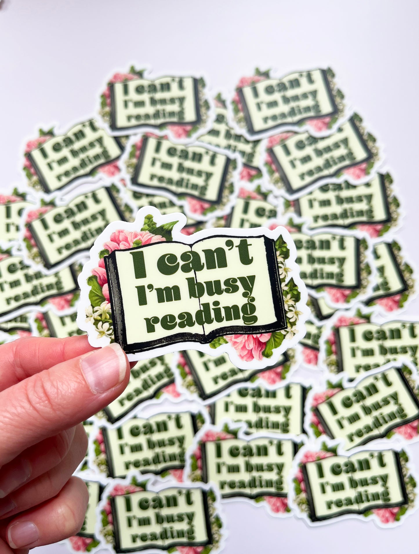funny sticker i cant im busy reading open book floral vintage green pink yellow fun stickers for book lovers pretty busy reading sticker cute snarky stickers coin laundry montana 