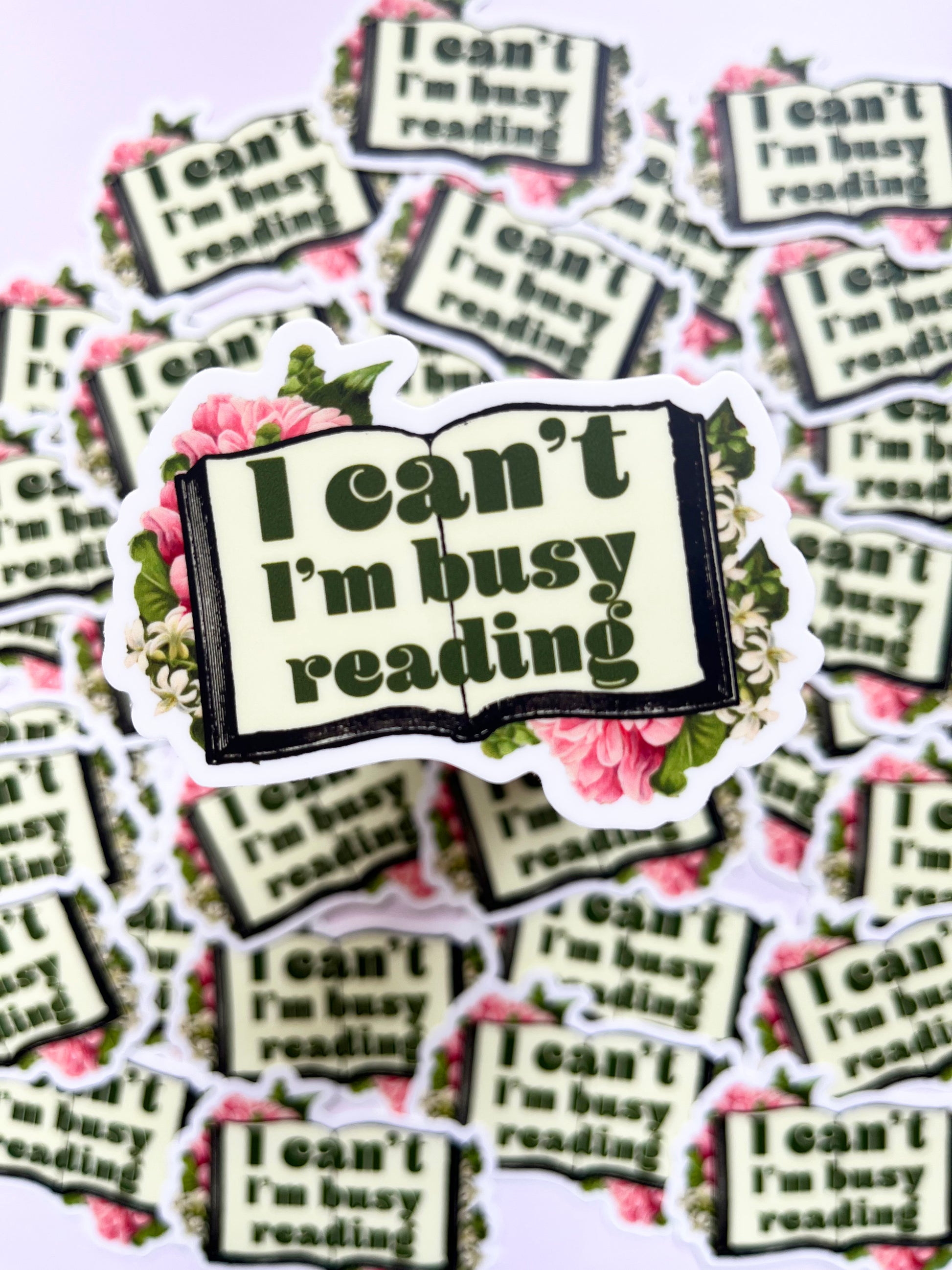 funny sticker i can't i'm busy reading book flowers pink yellow green open book vintage style sticker decal coin laundry montana