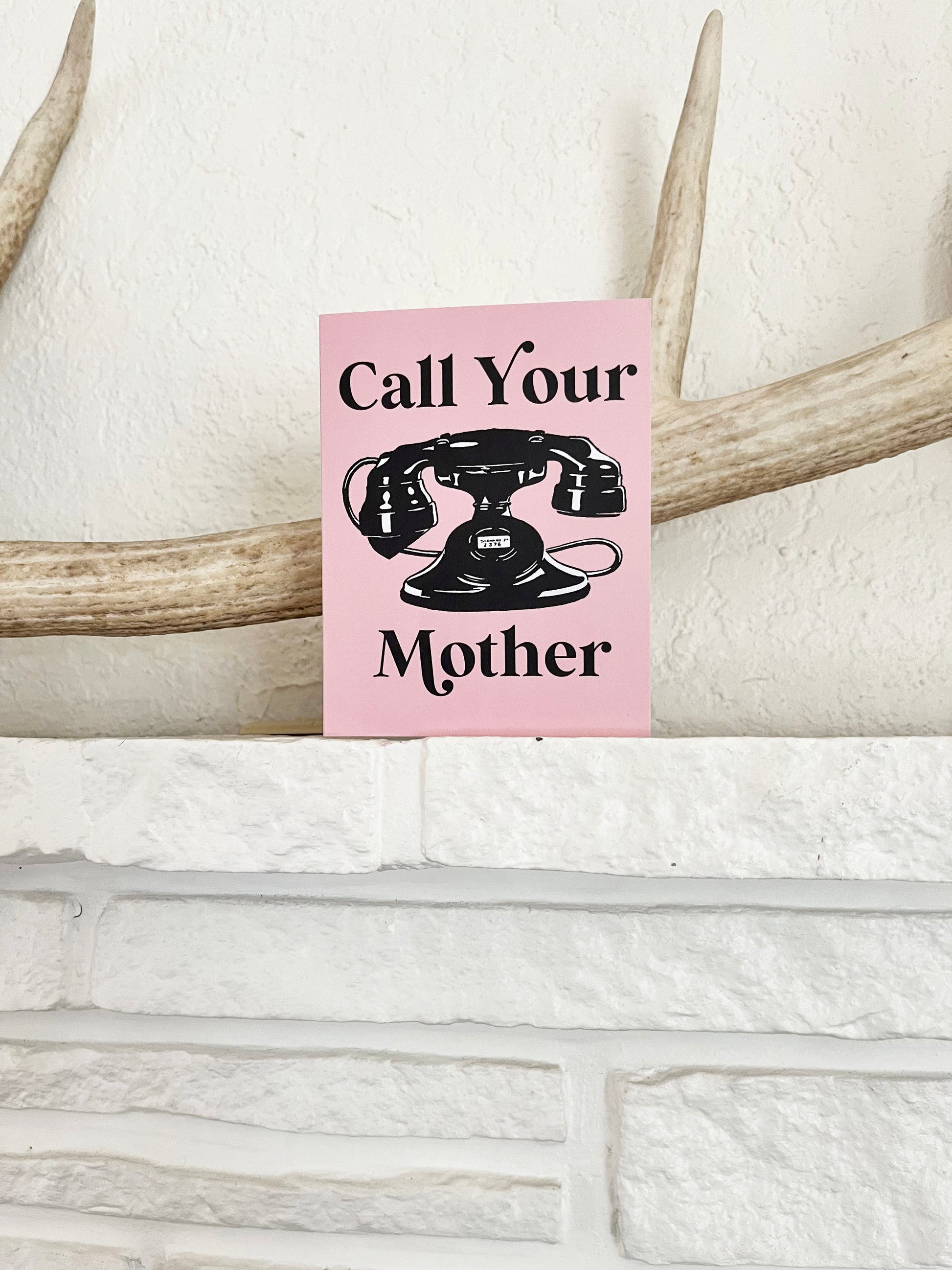 vintage style telephone pink background retro funny text Call your mother mother's day all purpose greeting card blank inside coin laundry