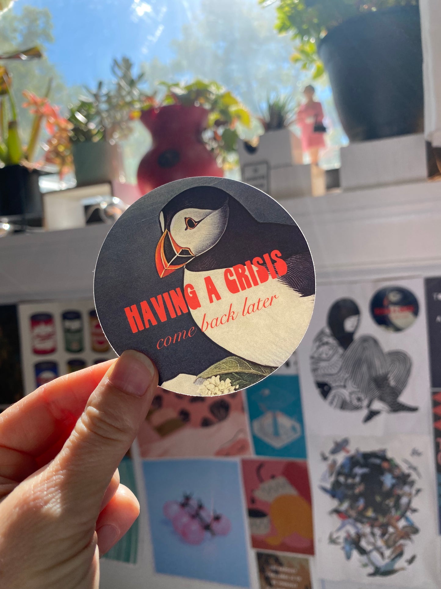 cute puffin sticker funny having a crisis come back later vintage red grey round sticker cute funny stickers coin laundry montana 