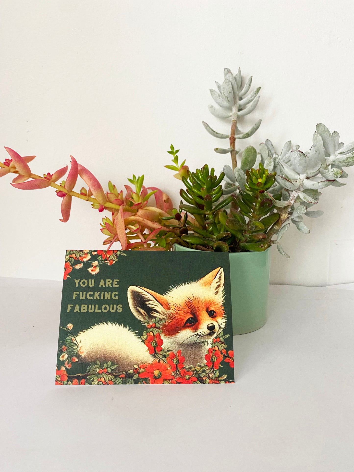 cute adorable fox greeting card you are fucking fabulous on front blank inside perfect for best friend girl friend crush birthday just because cheer up heartbreak boyfriend coin laundry red flowers dark green background outdoorsy animal lover fun vintage