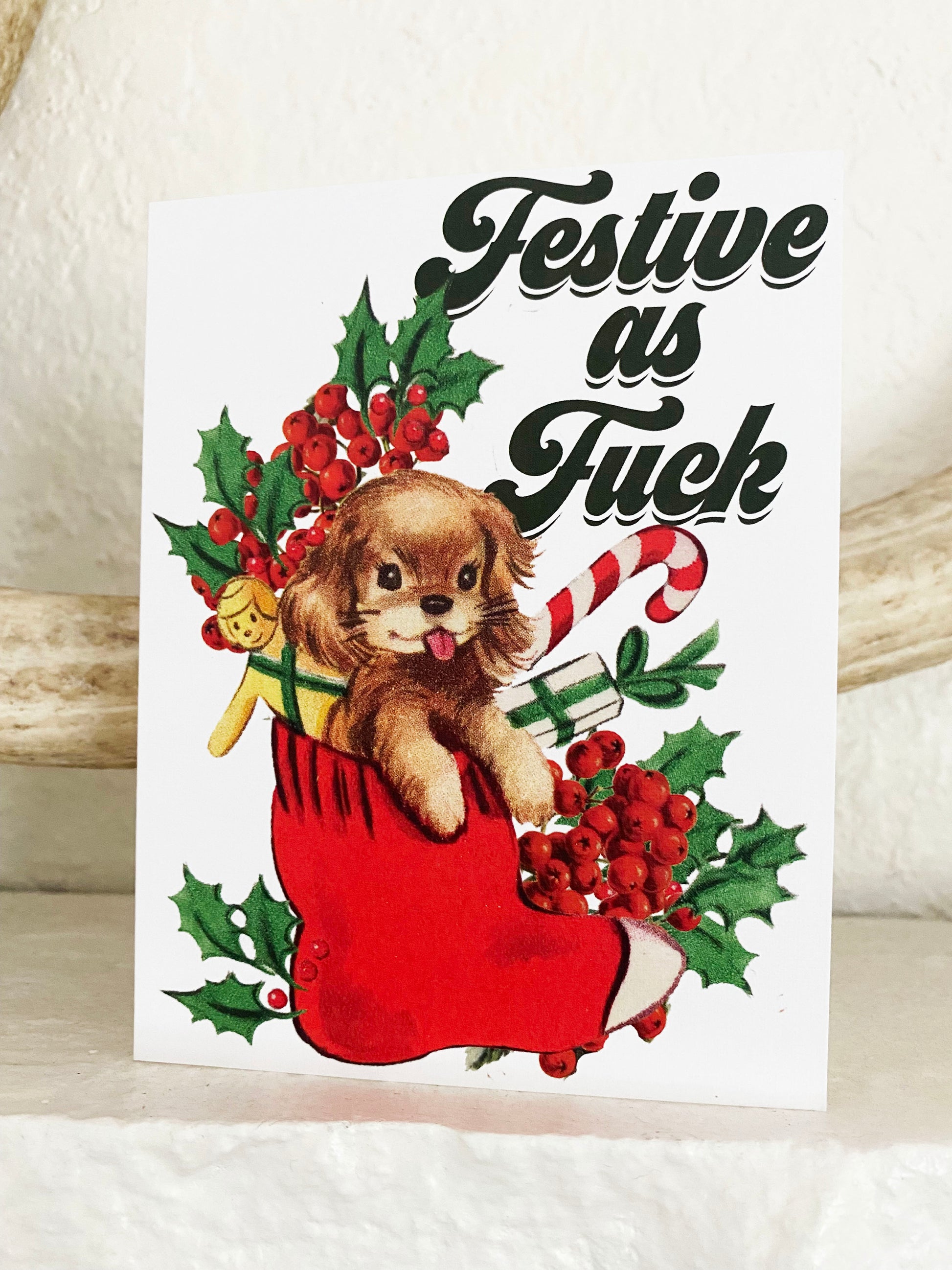 vintage retro christmas holiday card cute puppy in red stocking with candy cane holly berries festive as fuck funny card classic style blank inside all purpose funny coin laundry