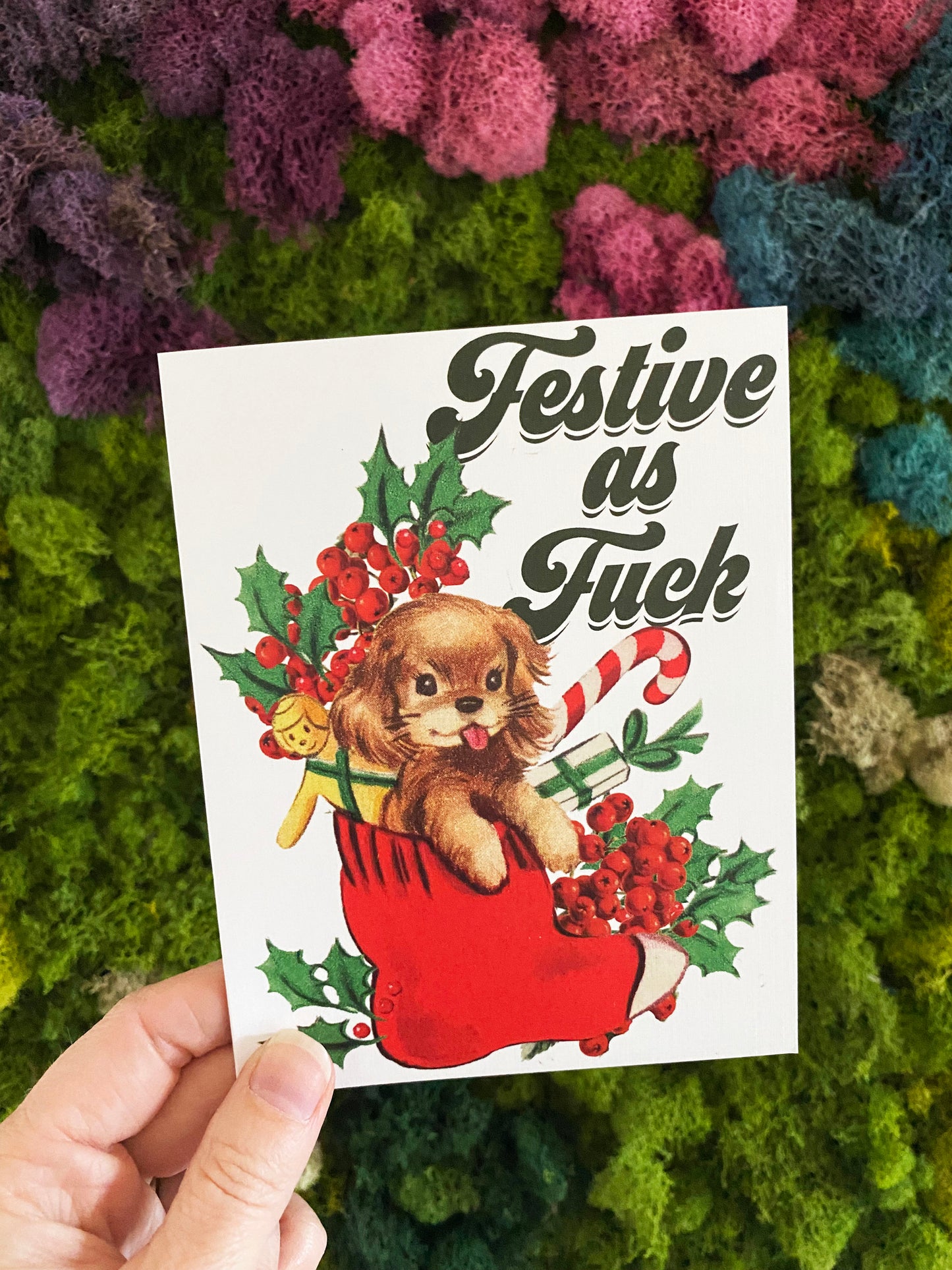 retro vintage classic holiday card jolly silly funny fun dog puppy inside stocking sock red cute candy cane gingerbread man christmas xmas coin laundry blank inside party gift friend boyfriend girlfriend coin laundry