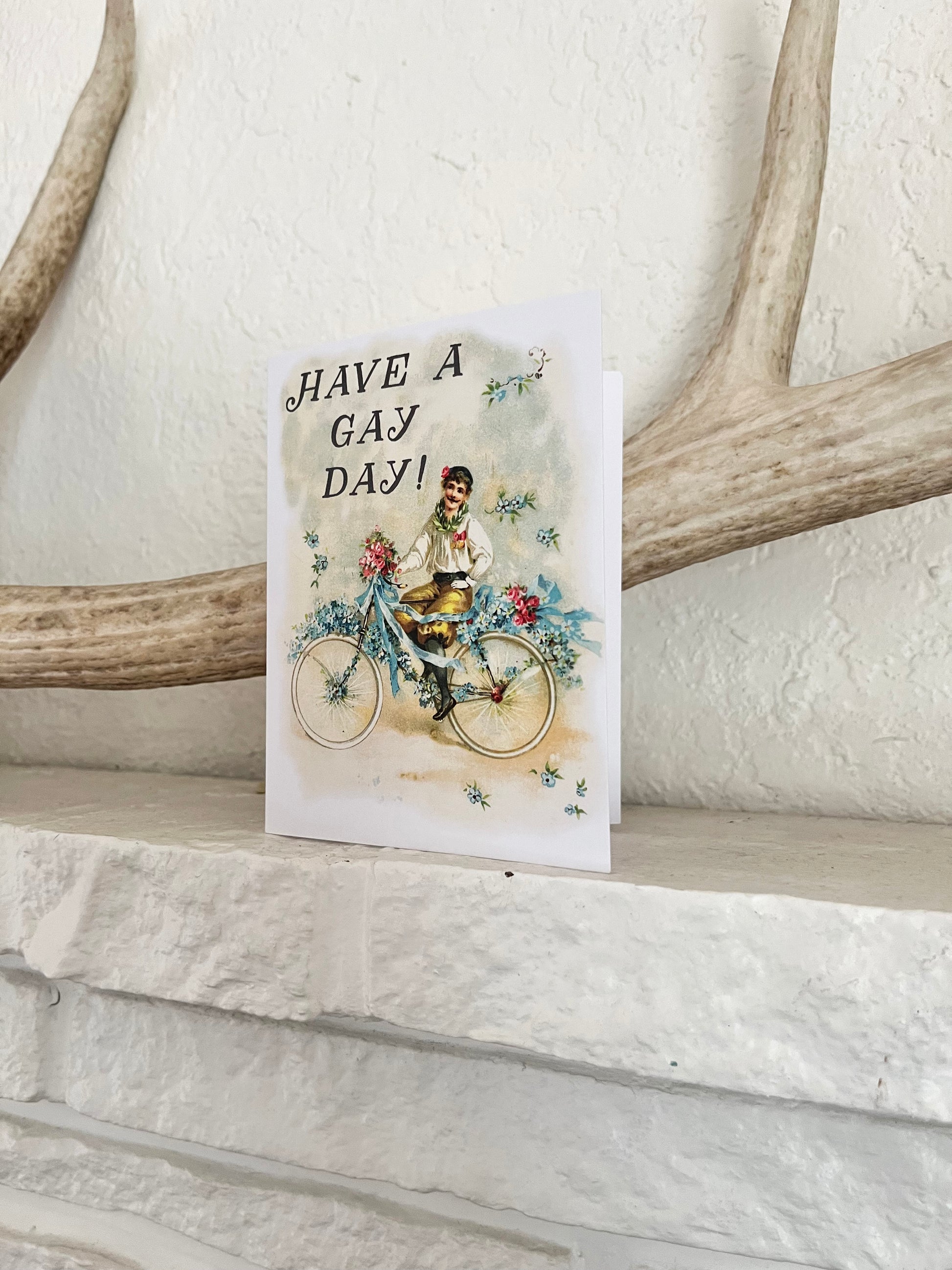 all purpose greeting card have a gay day great for birthday anniversary congratulations just because vintage style man on bike flowers coin laundry 