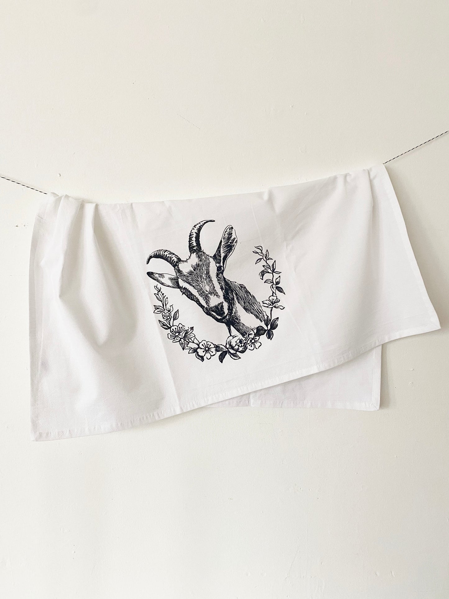 cotton dish towel goat drawing black and white vintage flowers farm house