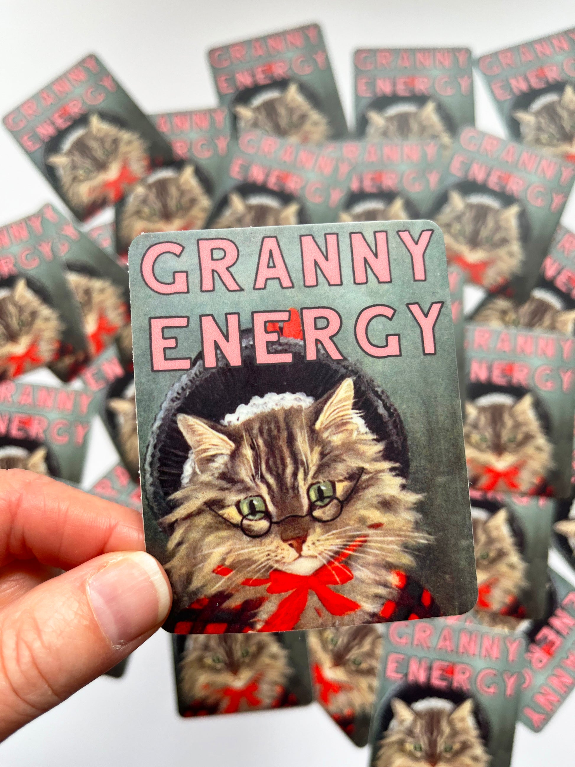 kitten cat tabby cute with glasses hat bow sweater vintage style retro vinyl sticker funny granny energy text grandma grandpa nana papa old soul crafts crafting stay at home introvert quiet time coin laundry montana 