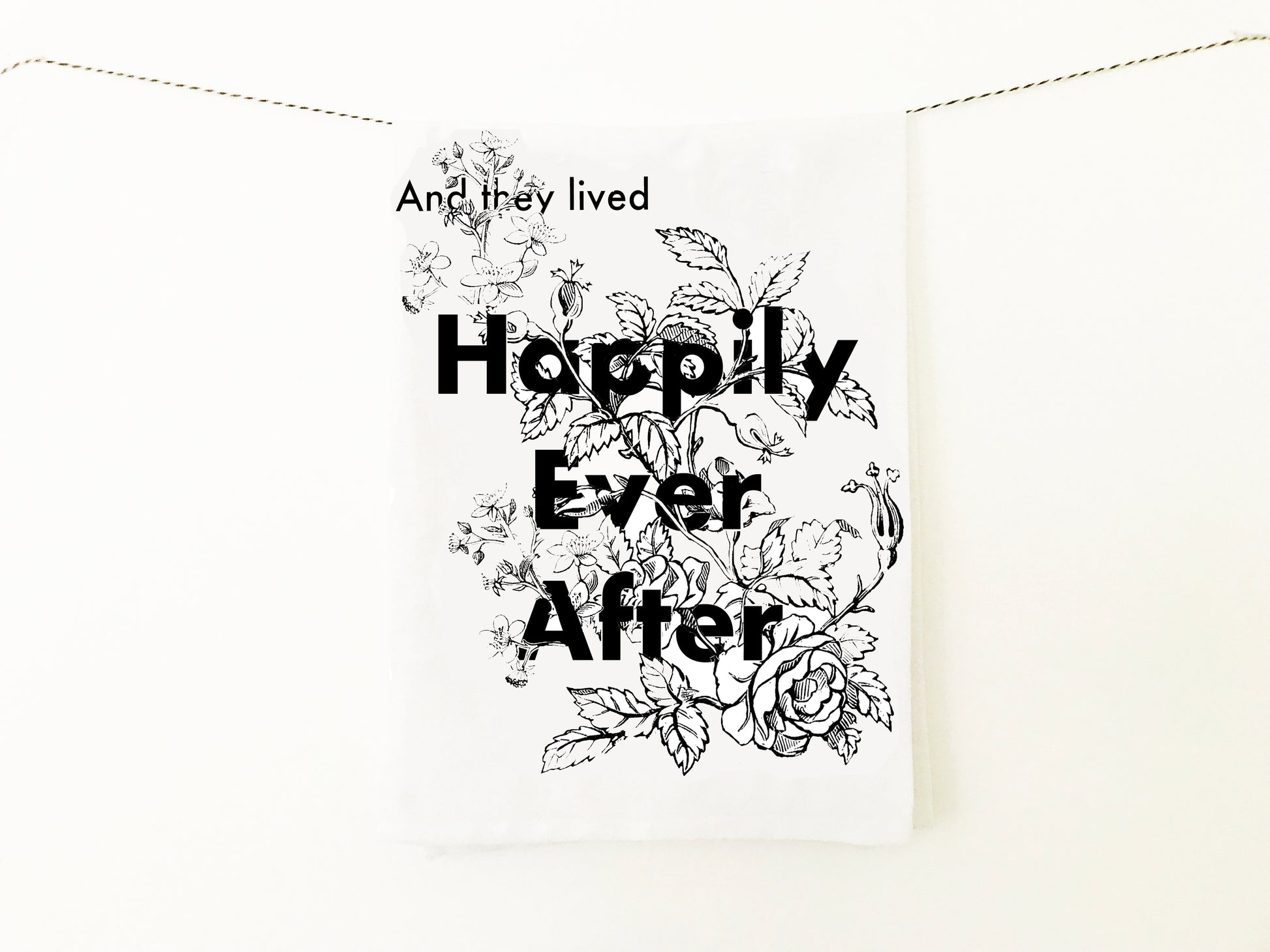 cute pretty quality large cotton kitchen dish bar tea towel vintage modern home decor engagement marriage gift black white and they lived happily ever after screen print flowers coin laundry 