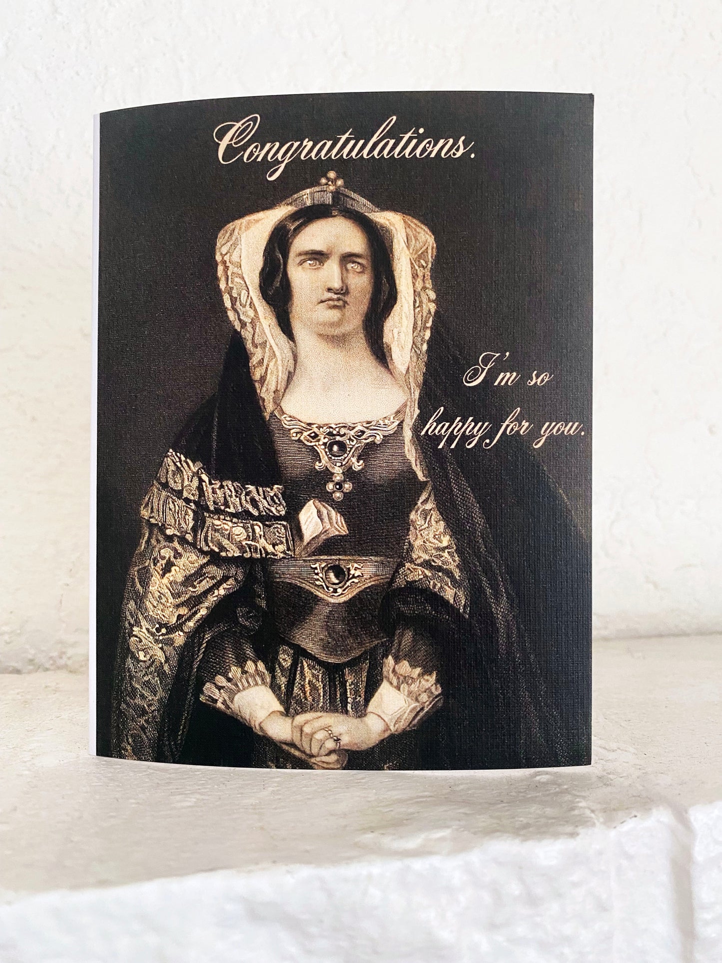 funny greeting card vintage woman in gown frowning jealous silly congratulations im so happy for you script text retro style grimace wedding moving graduation humor happy occasion celebration promotion becoming parent grandparent coin laundry 