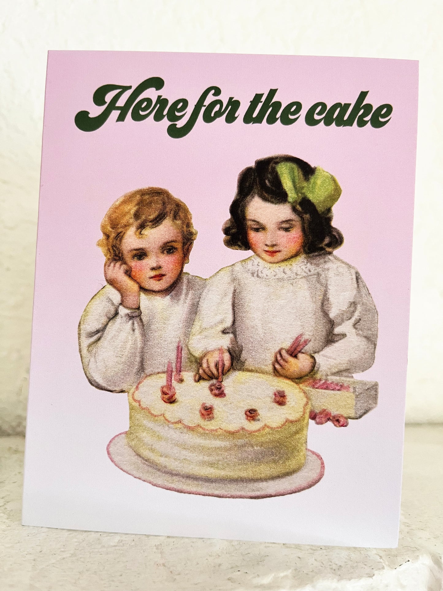 vintage retro children cute birthday cake with candles here for the cake card pastel colors fun funny coin laundry celebration greeting card funny congrats wedding snail mail