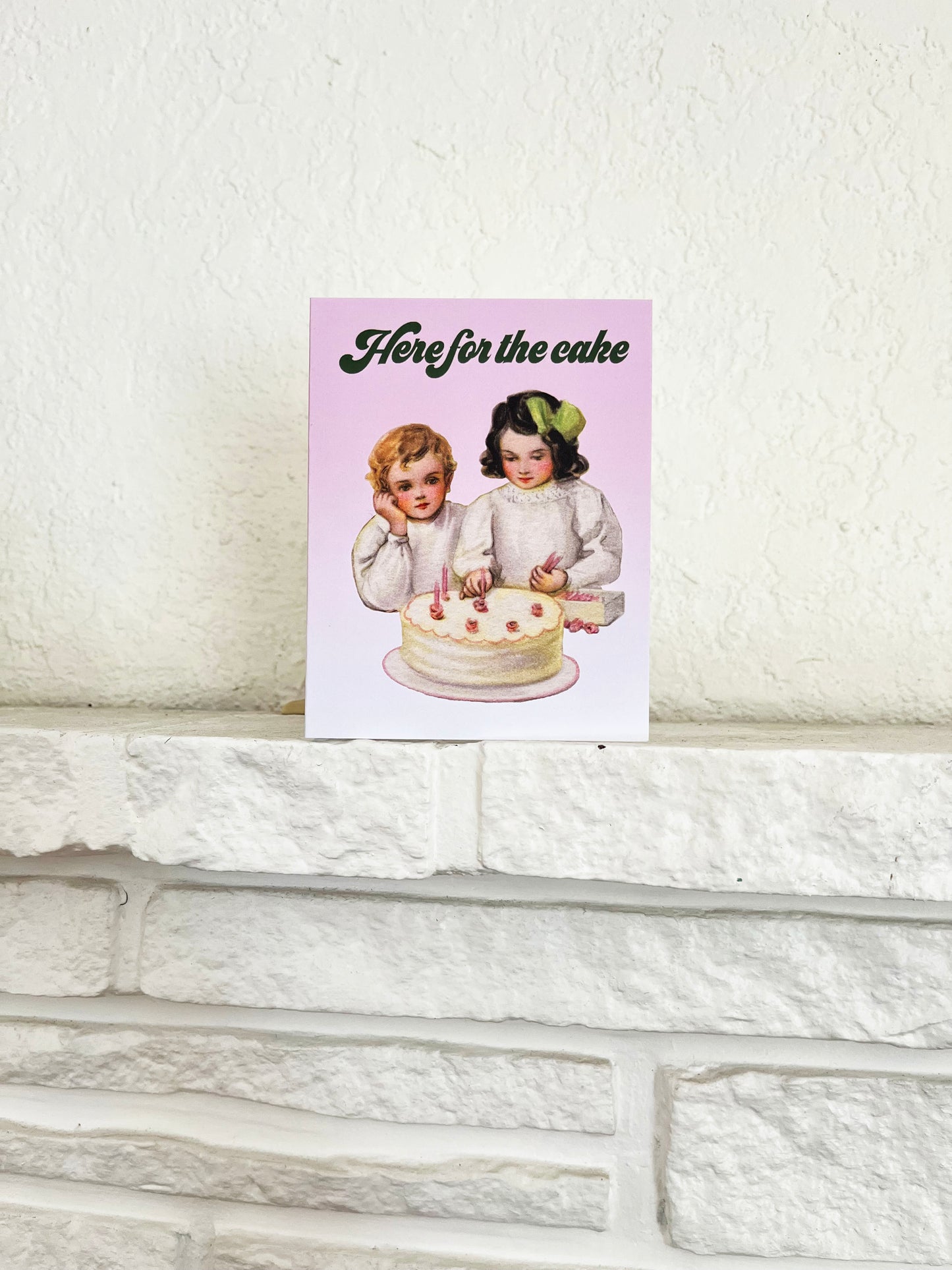 vintage style kitsch kids children with cake here for the cake card pastry dessert celebration congrats graduation funny fun celebrate birthday anniversary wedding coin laundry greeting card