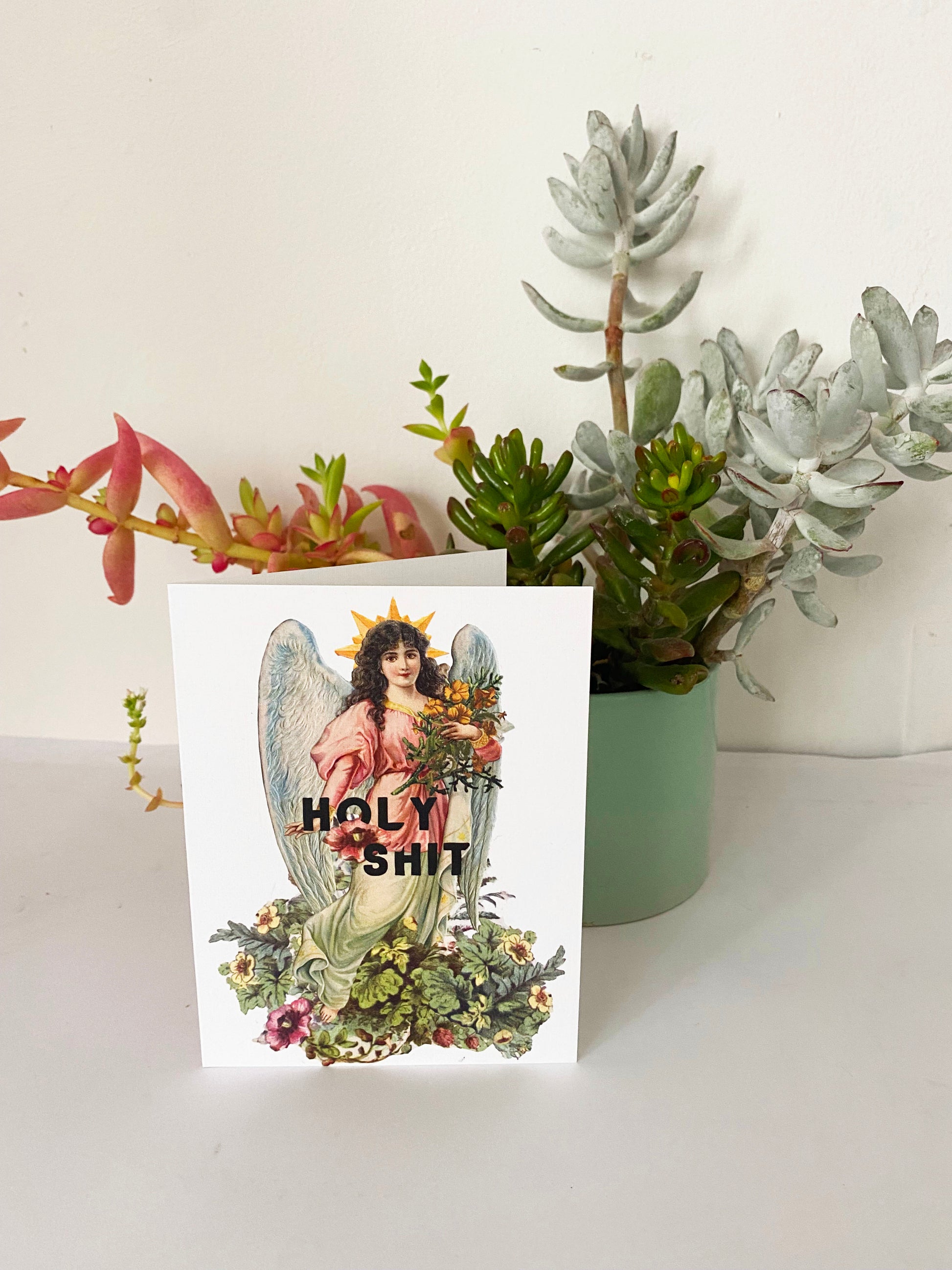 classic style holy shit angel angelic funny snarky christmas card new baby congrats wow flowers floral