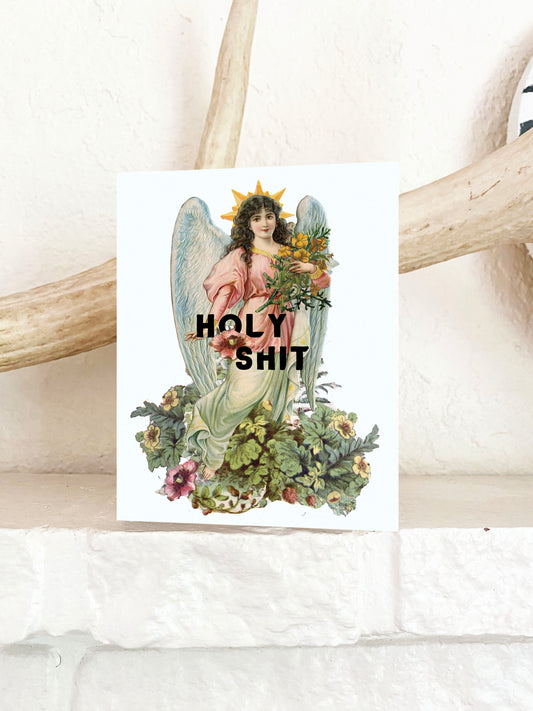 retro vintage kitsch angel with halo flowers floral cute funny snarky card holy shit vintage style cards sarcastic funny fun coin laundry cards